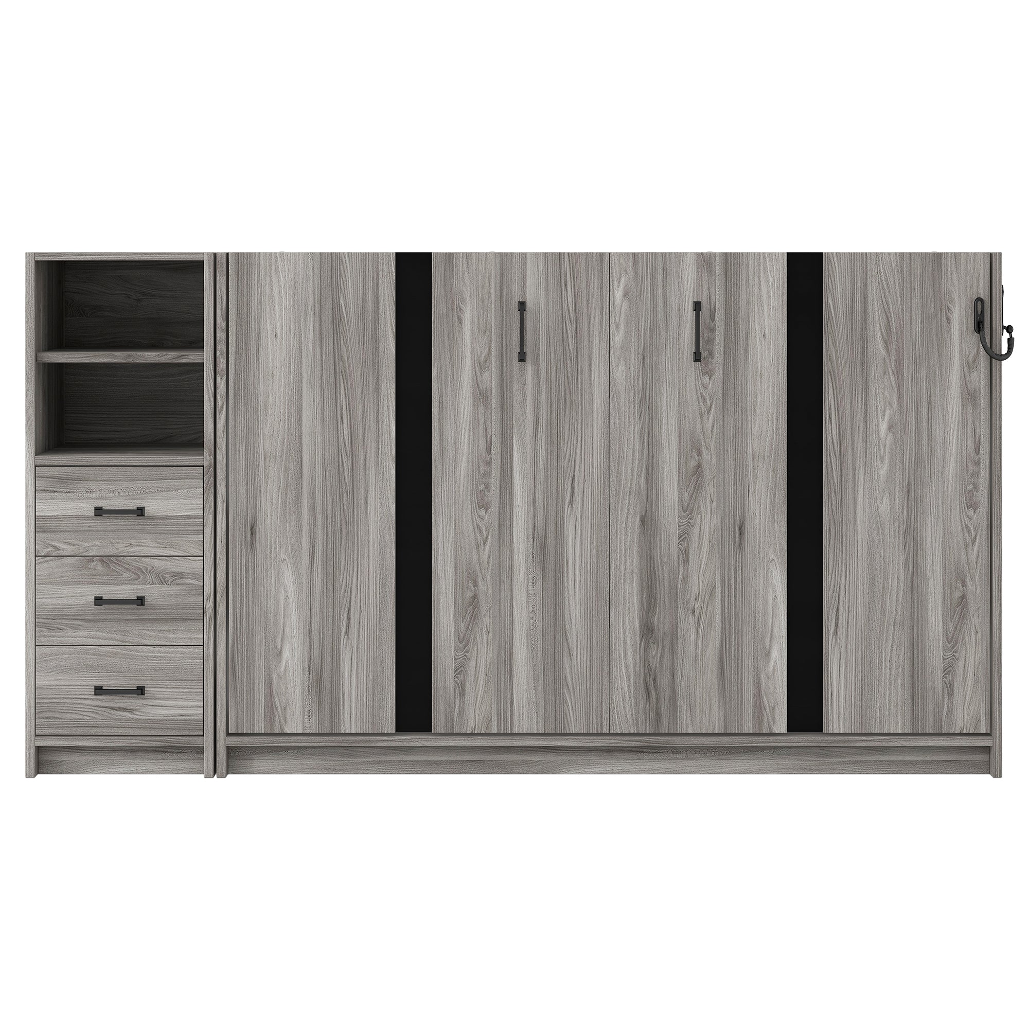 Twin Size Murphy Bed with Drawers and LED Light, can be Folded into a Cabinet, Gray