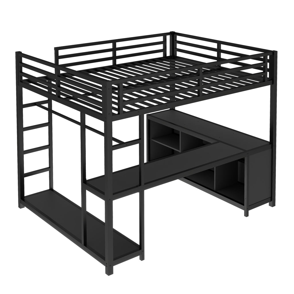 Metal Loft Bed with Wardrobe and L-shaped Desk, Queen Size Loft Bed with Storage Cubes and Shelves, Loft Bed for Kids Teens Adults, Black