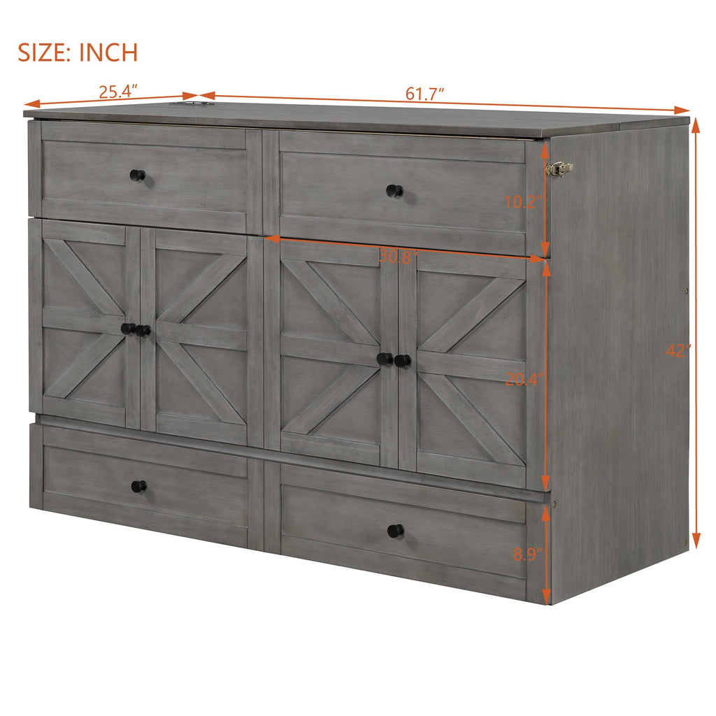 Queen Size Murphy Bed with Large Drawers & USB Ports,Brushed Gray