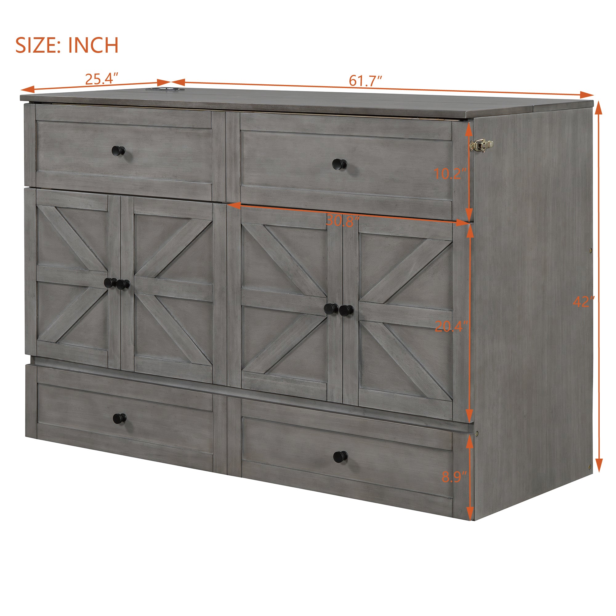 Queen Size Murphy Bed with Large Drawers & USB Ports,Brushed Gray