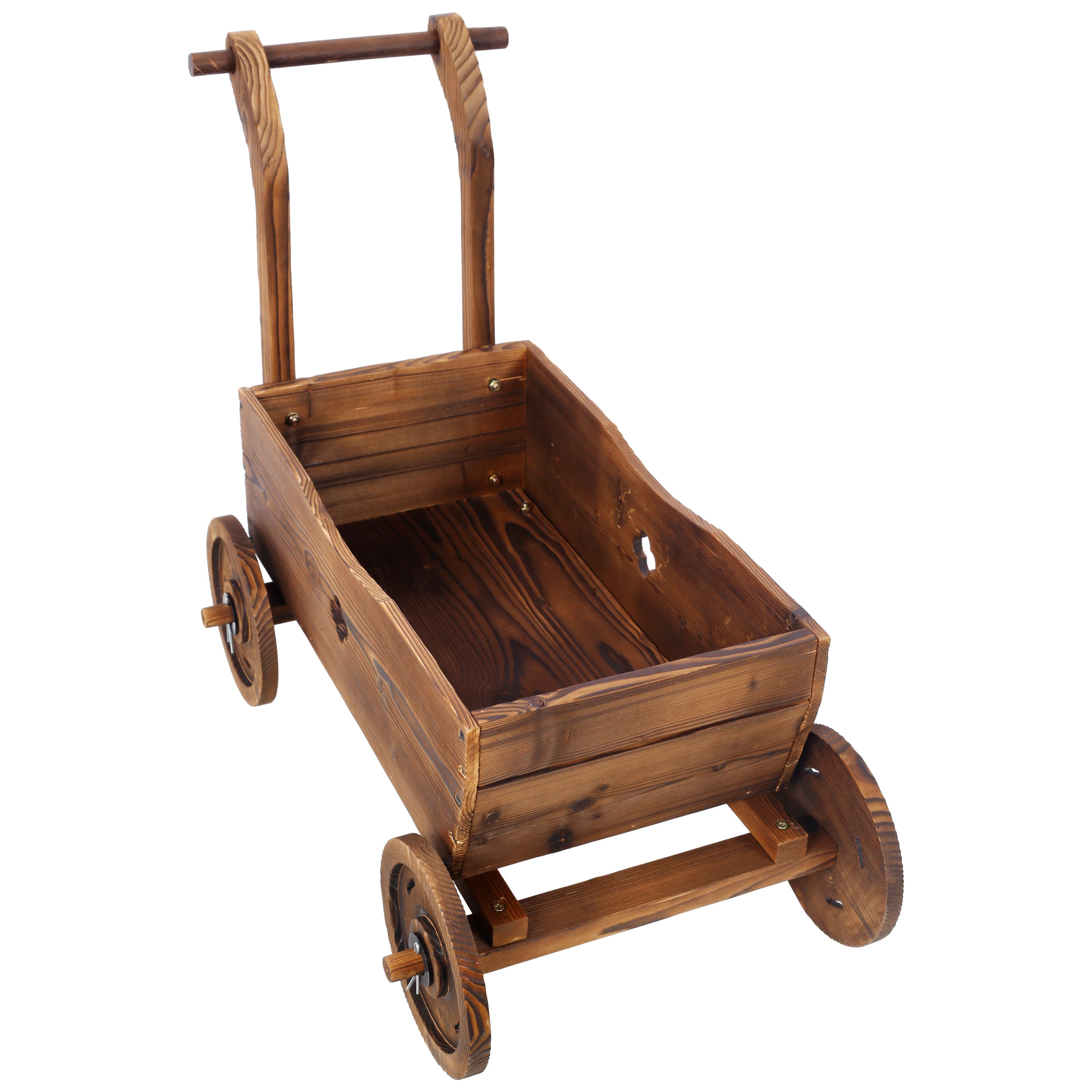 Wooden Wagon Planter Box, Mobile Garden Planter with Wheels, Handle, Drain Hole, Brown Wood, 26.5 x 14.1 x 21.2 inches
