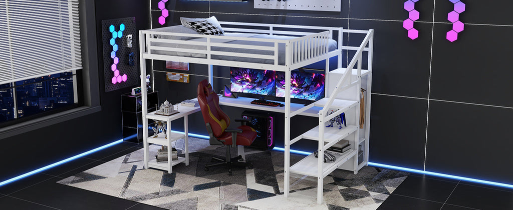 Metal Queen Loft Bed with Wardrobe and LED Light, Queen Size Loft Bed with L Shaped Desk and USB for Kids Teens Adults, White