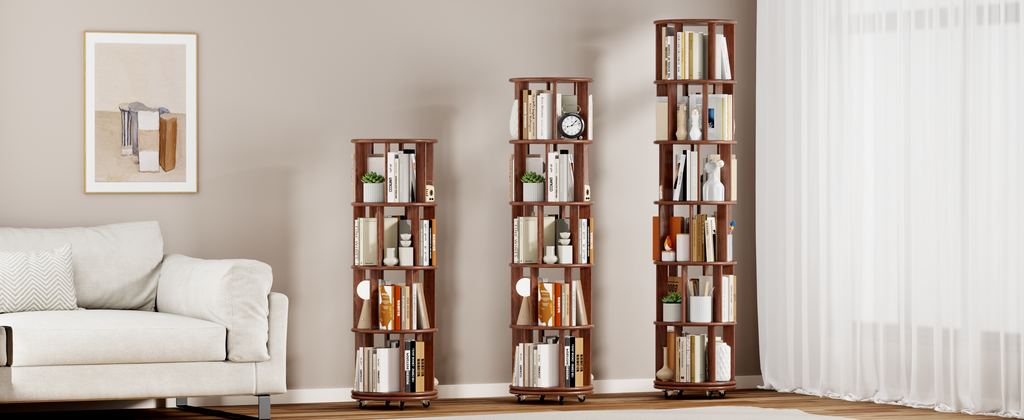 100%Solid Wood Rotating Bookshelf on Wheels, 6 Tier, Round Revolving Bookcase, 360° Spinning Book Shelf Tower for Kids, Narrow Rolling Bookshelves for Small Space, Corner, Bedroom, Office, Walnut