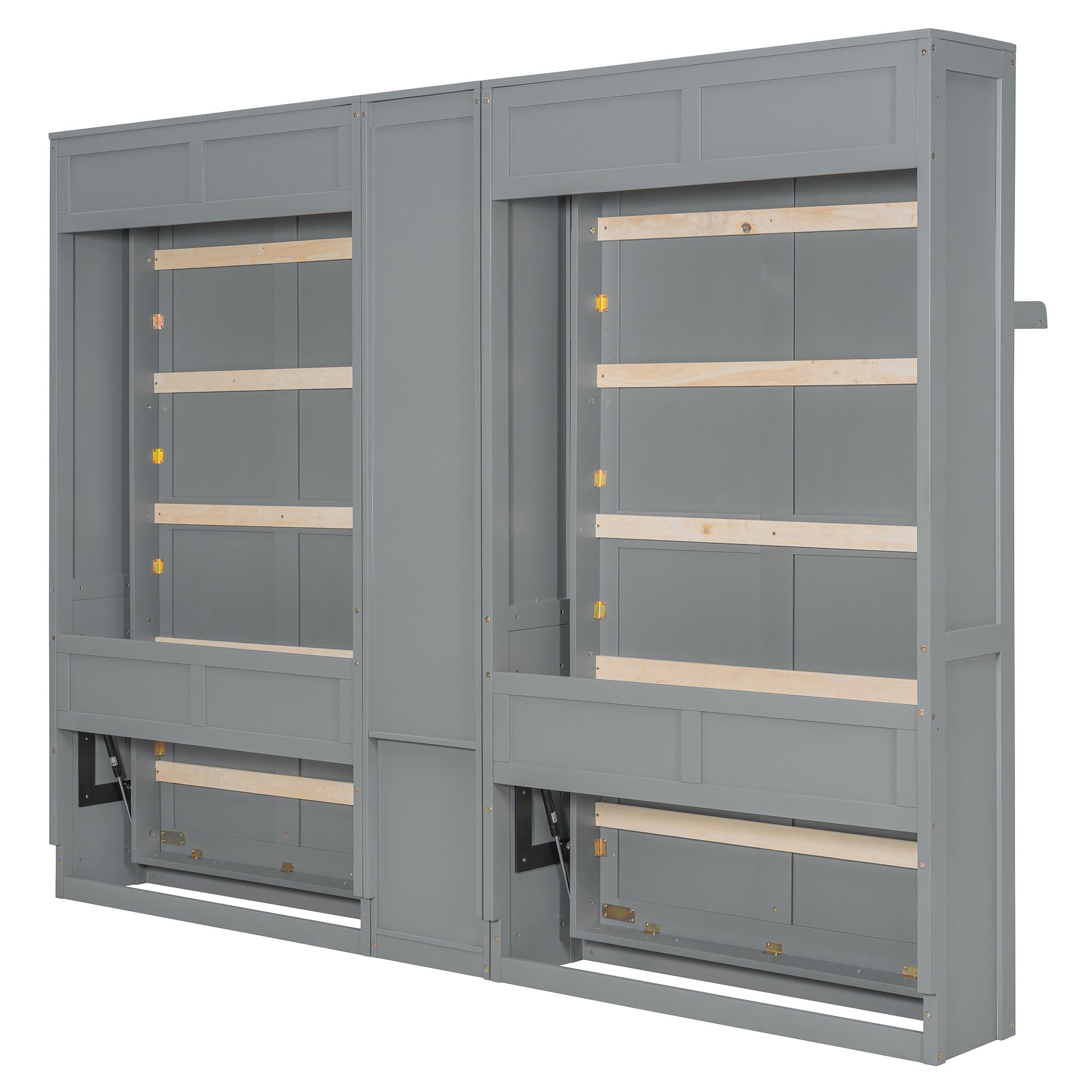 Dual Twin size Wall Murphy Beds with Cabinets and Shelves, Gray