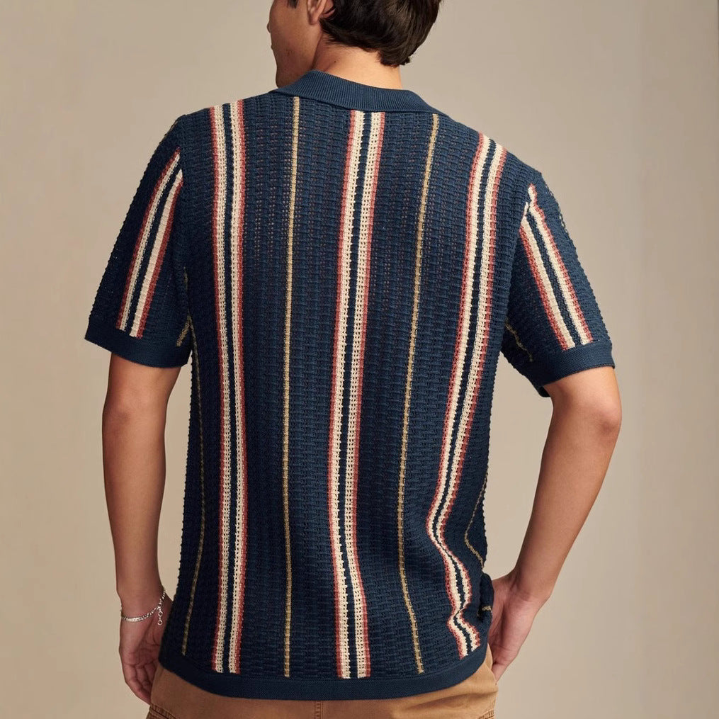 Striped Collared Neck Short Sleeve Shirt