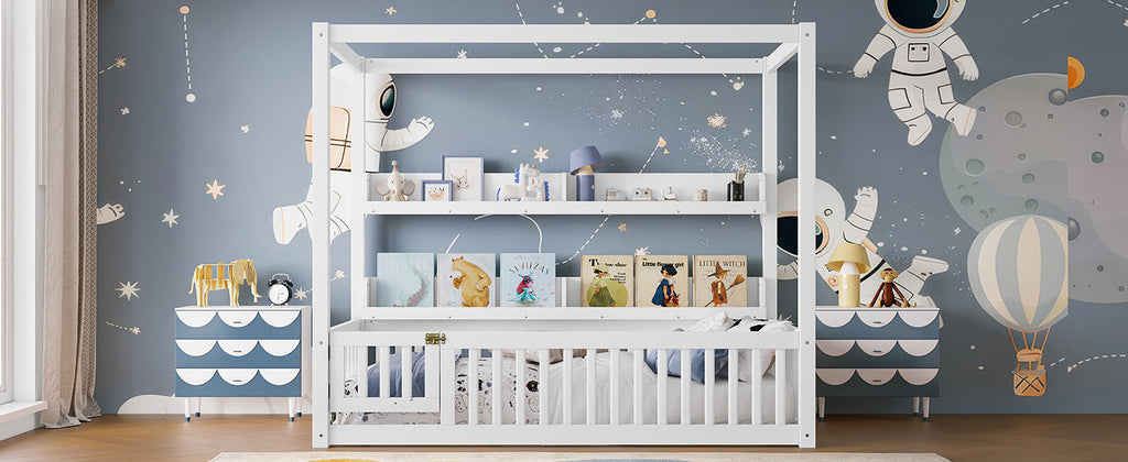 Twin Size Canopy Bed with Guardrails, Solid Wood Floor Bed with Shelves, Montessori Floor Bed Frame for Kids, Boys, Girls, No Spring Box Needed, White