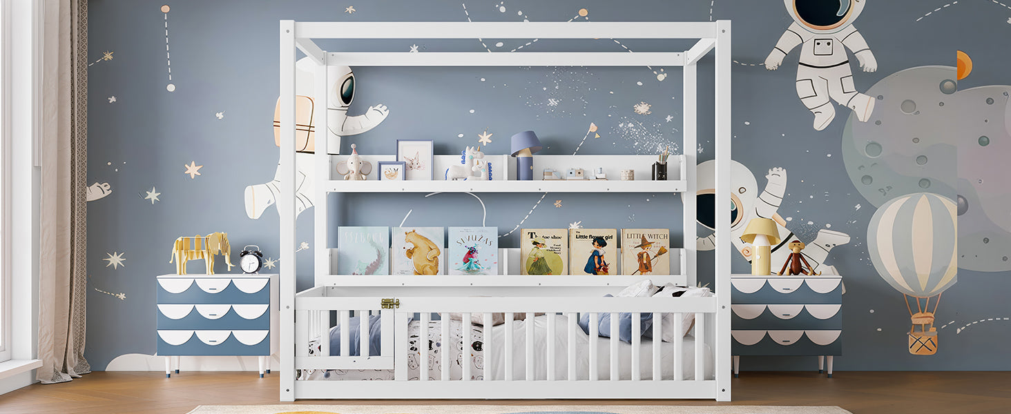 Twin Size Canopy Bed with Guardrails, Solid Wood Floor Bed with Shelves, Montessori Floor Bed Frame for Kids, Boys, Girls, No Spring Box Needed, White
