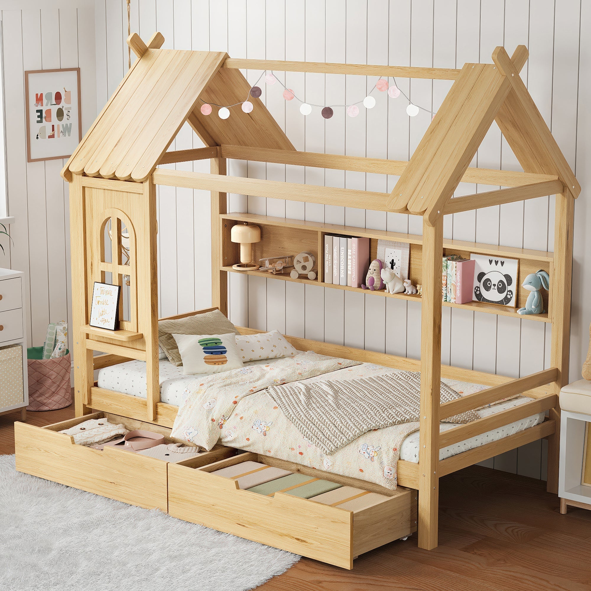 Twin house Beds with Storage Drawers and Window, Solid Wood House Platform Bed Frame with shelves, for Kids, Girls, Boys, No Spring Box Needed and Childlike Design, Natural