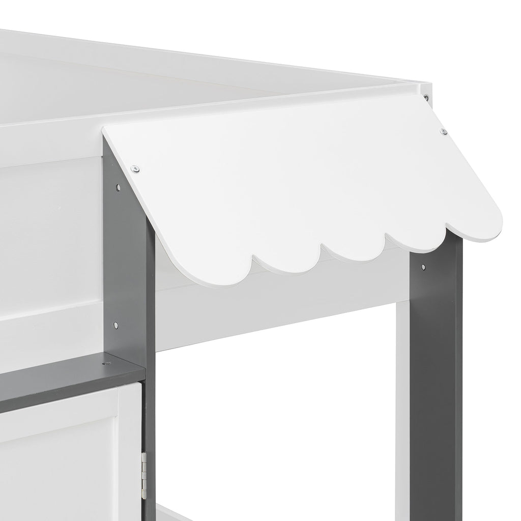 Full Loft House Bed with Playhouse & Storage, Modern Wood Cabin Bed for Kids/Teens, White+Gray
