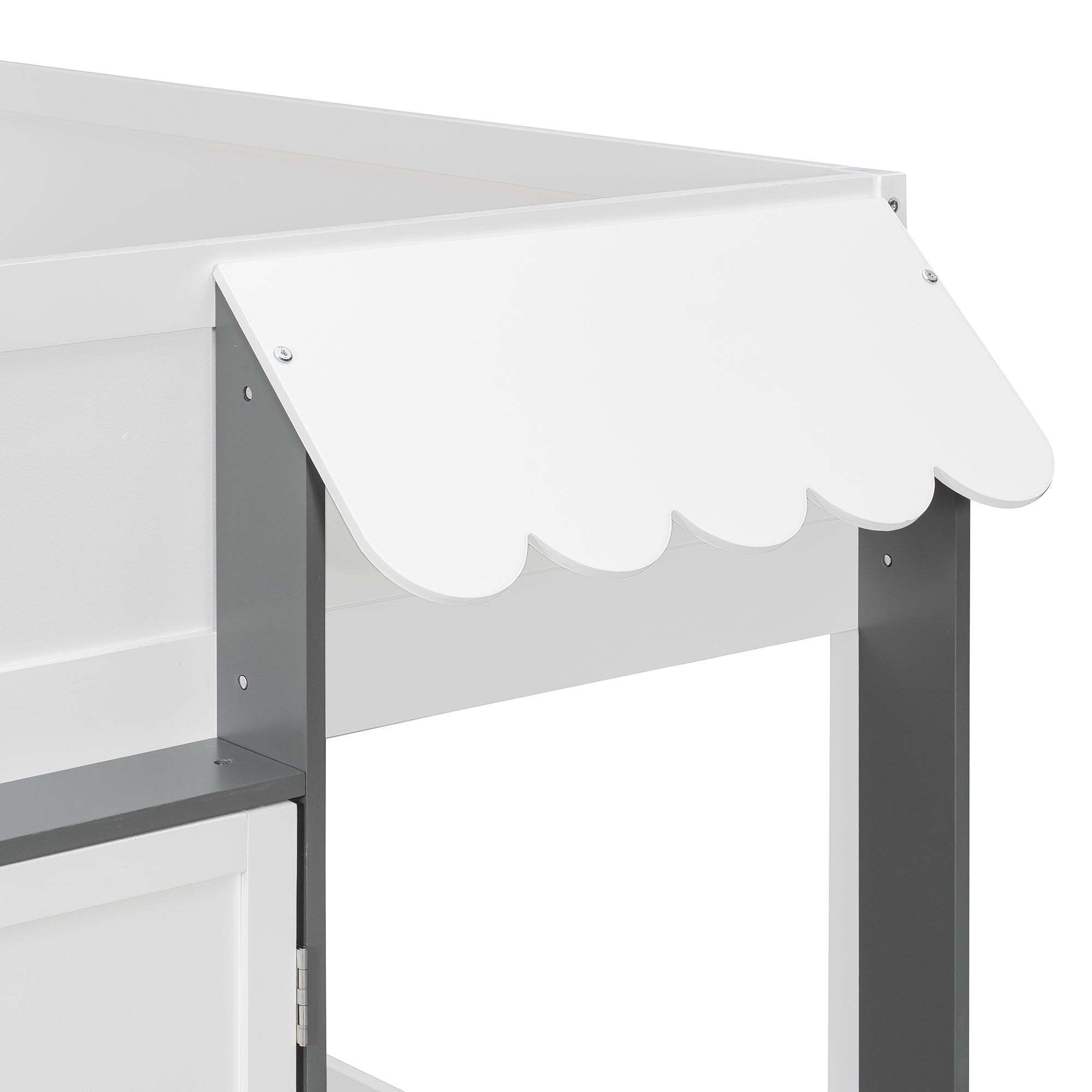 Full Loft House Bed with Playhouse & Storage, Modern Wood Cabin Bed for Kids/Teens, White+Gray