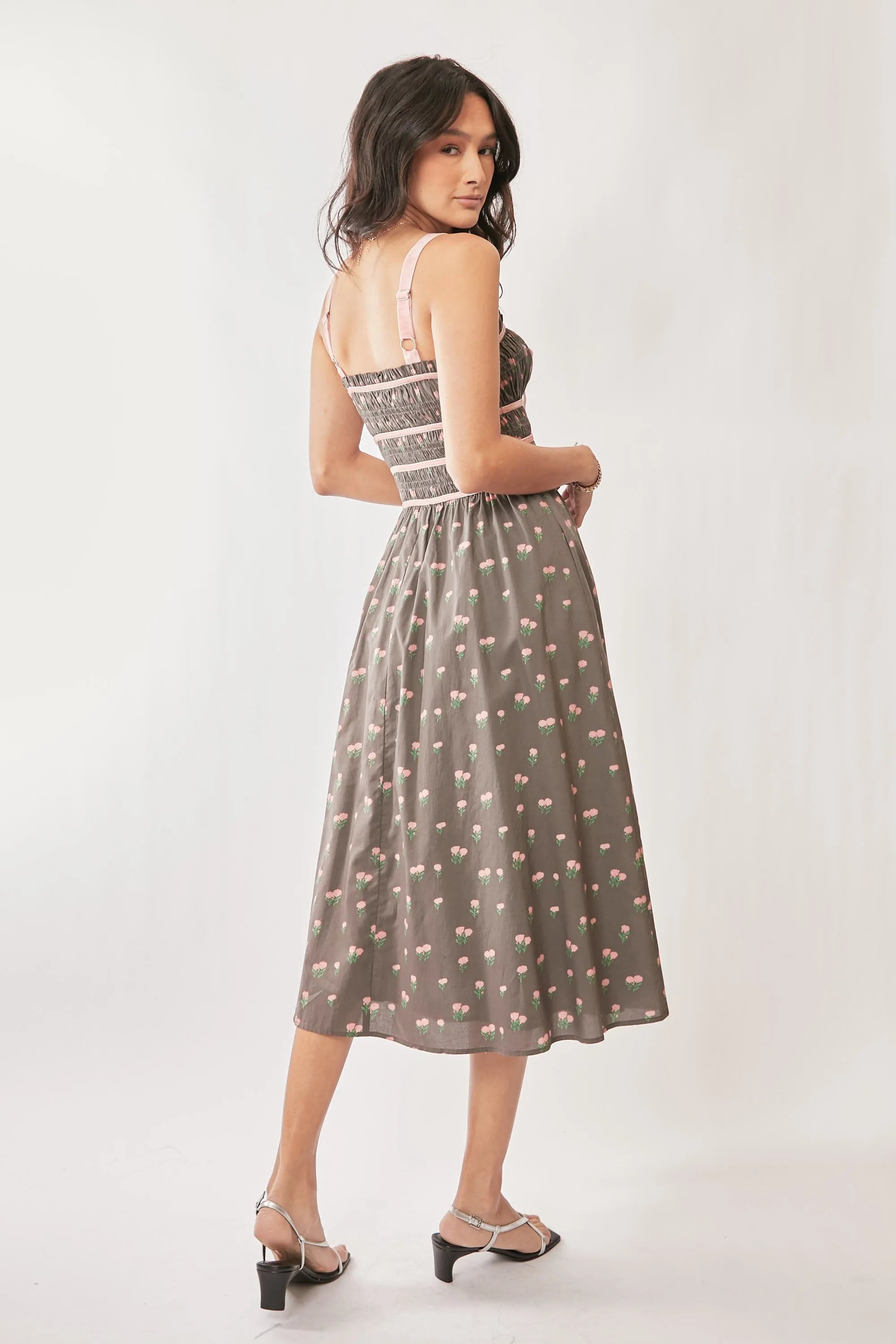 Davi & Dani Contrast Velvet Tape Smocking Bodice Midi Dress