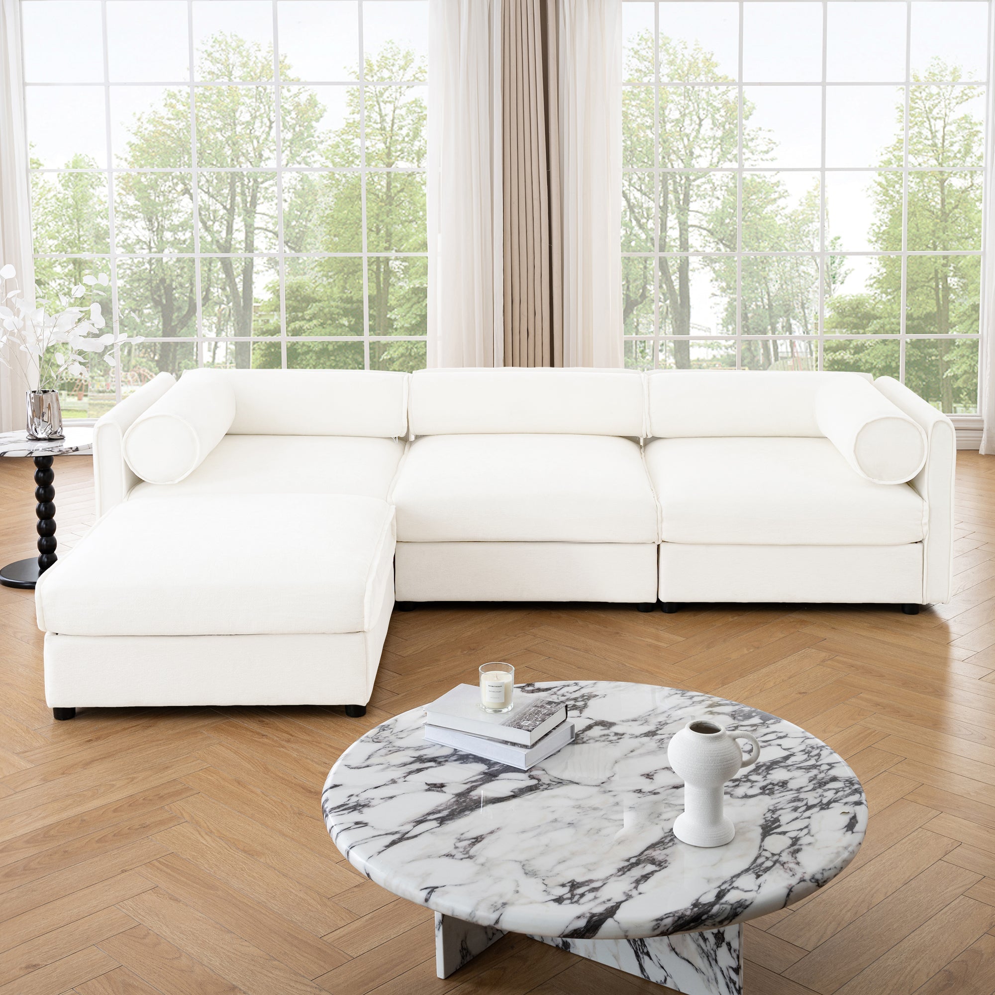 Elegant White Chenille  Sofa with Storage Seat and Ottoman, L-Shaped 3-Seater Cylindrical Backrest and Armrests, Contemporary 3-Seater Fabric Couch with Hidden Storage Compartment