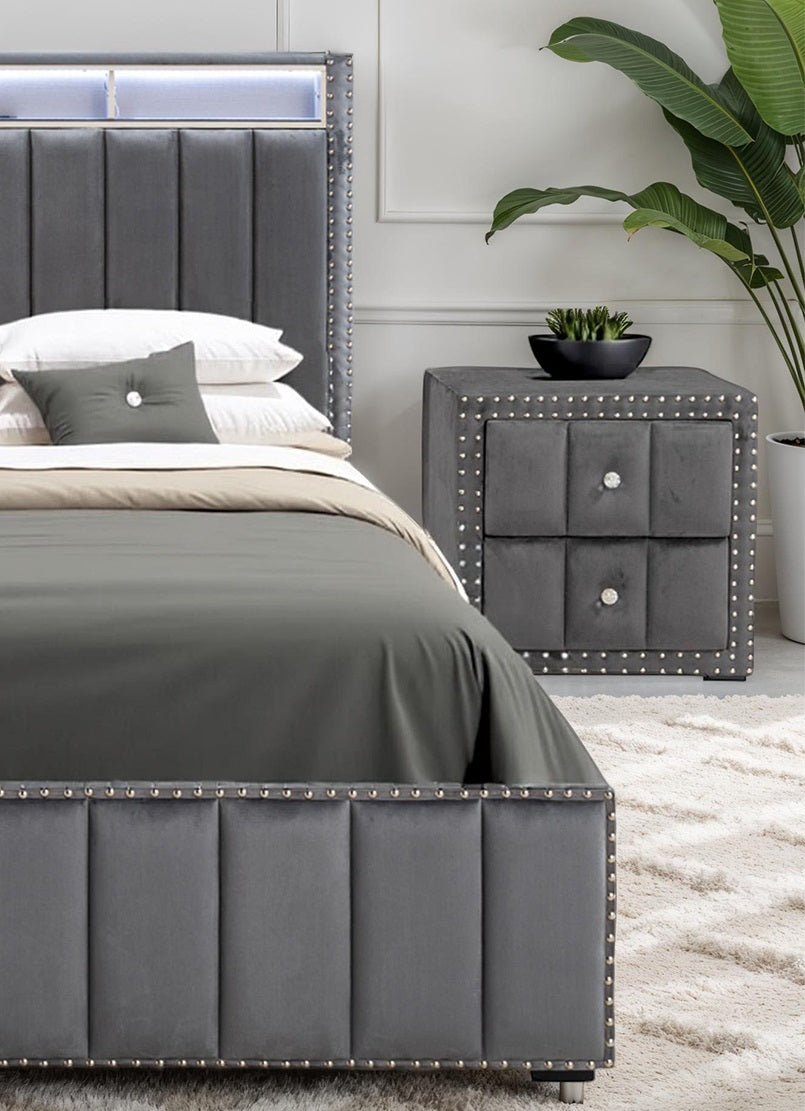 Contemporary 3pc Bedroom Set Full Size Bed 2x Nightstands Bedroom Furniture Dark Gray Fabric Upholstered Bedframe w LED Nailhead Trim