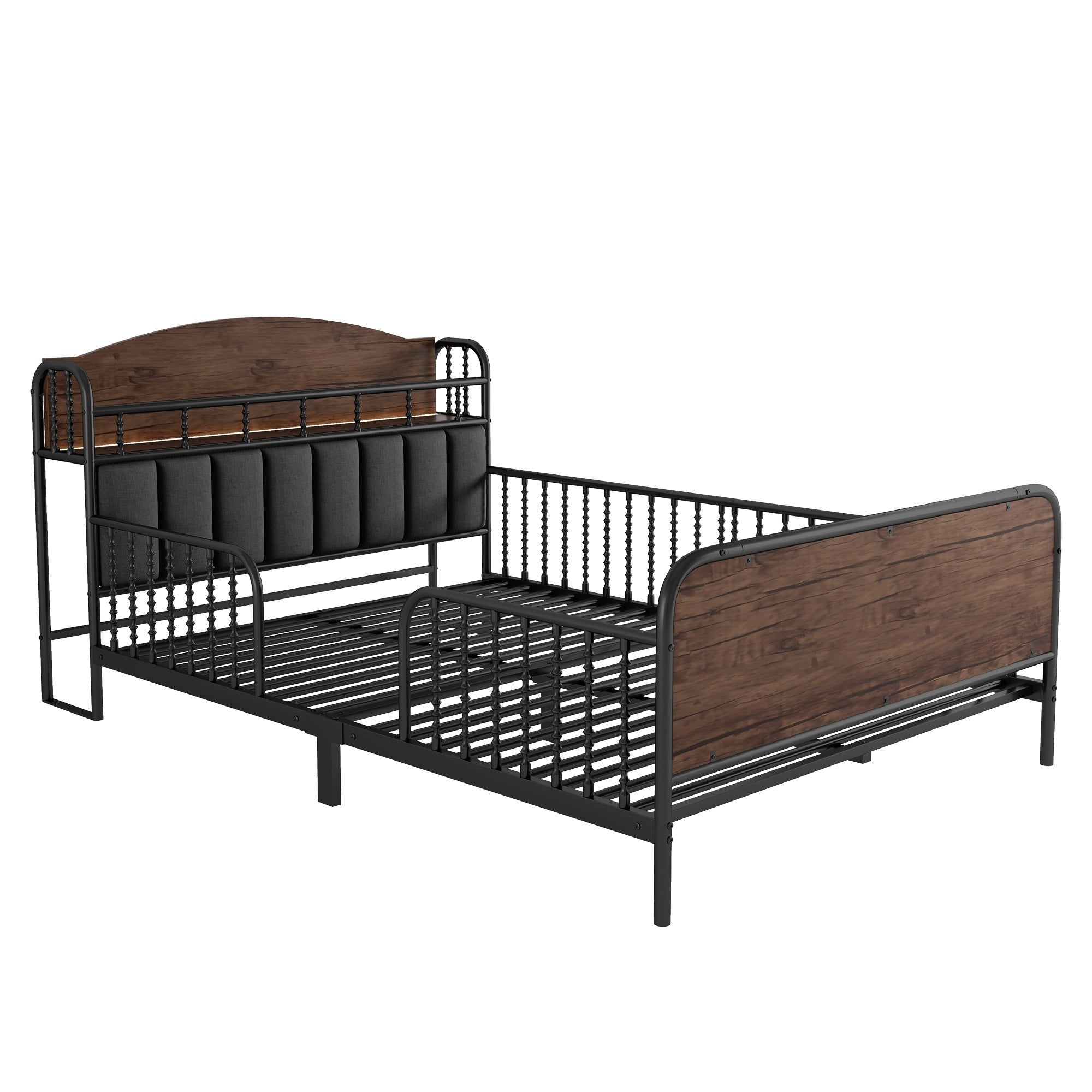 Full Size Metal Platform Bed Frame with Light, Kids Full Metal Bed with Upholstered and Storage Headboard, Black (Expect Arrival Date 2025/10/5)