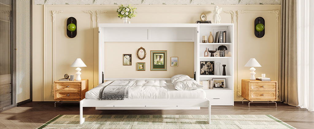 Queen Size Murphy Bed with Height Adjustable Storage Compartments and Shelf, Wall Bed Frame With 1 Drawer, Multifunctional Foldable Platform Bed for Small Space,Bedroom,Guest Room, White