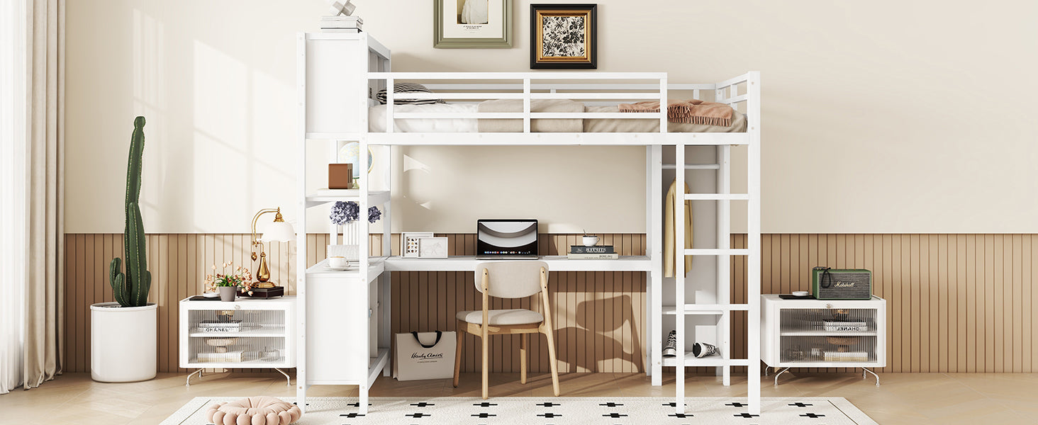Metal Loft Bed with Wardrobe And L-shaped Desk, Full Size Loft Bed with Storage Cubes and Shelves, Heavy Duty Loft Bed for Kids Teens Adults, White