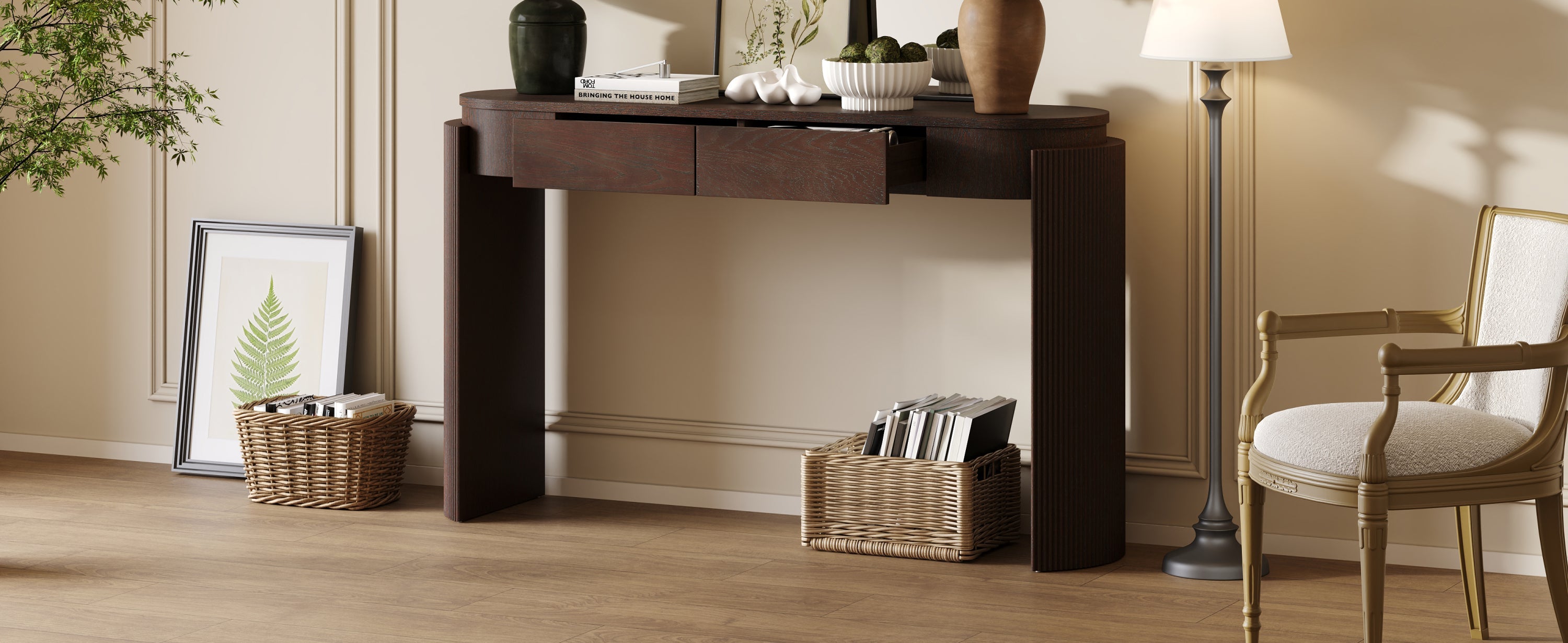 TREXM Entryway Table with Natural Wood Grain Finish, Console Table with Fluted Design, Oval Top and 2 Drawers for Entryway and Living Room (Espresso)