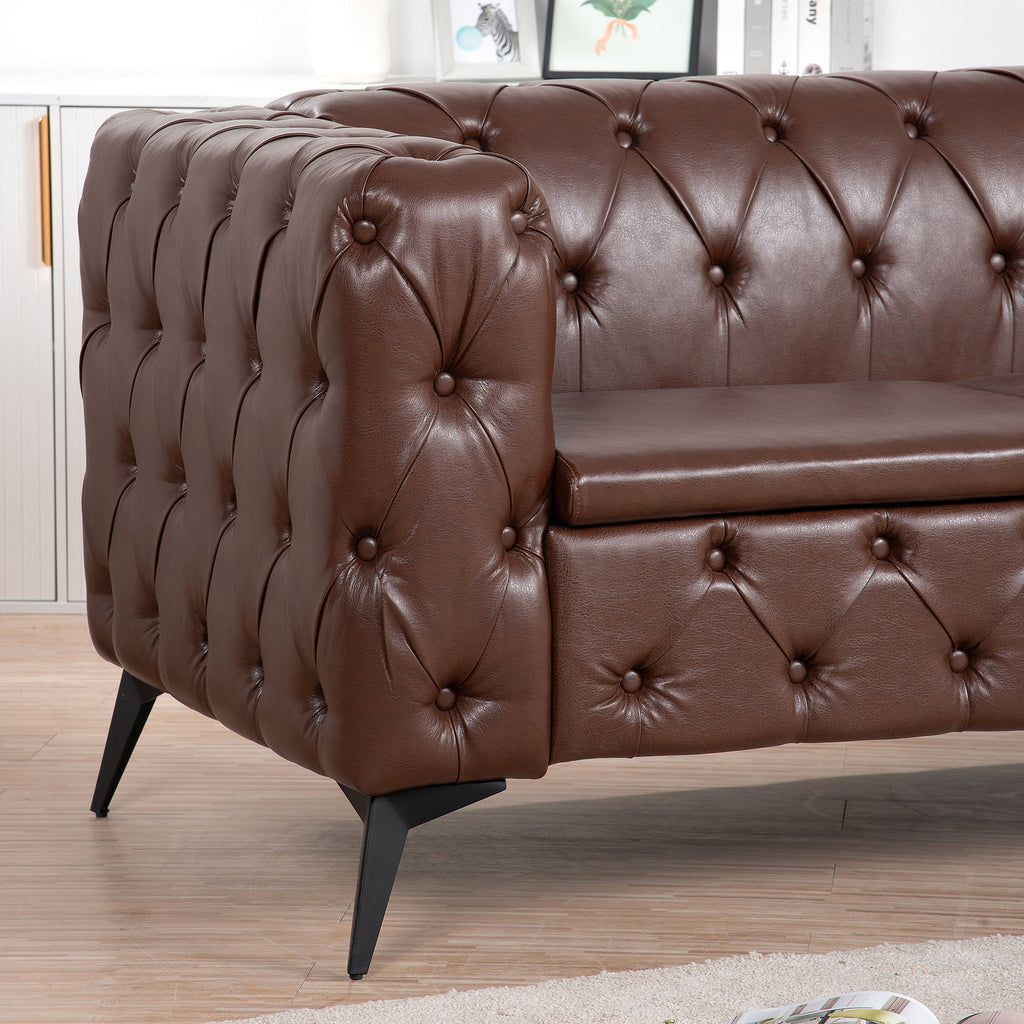 Traditional Square Arm 3-Seater Sofa with Removable Cushion, Dark Brown PU, 84.06 Inch