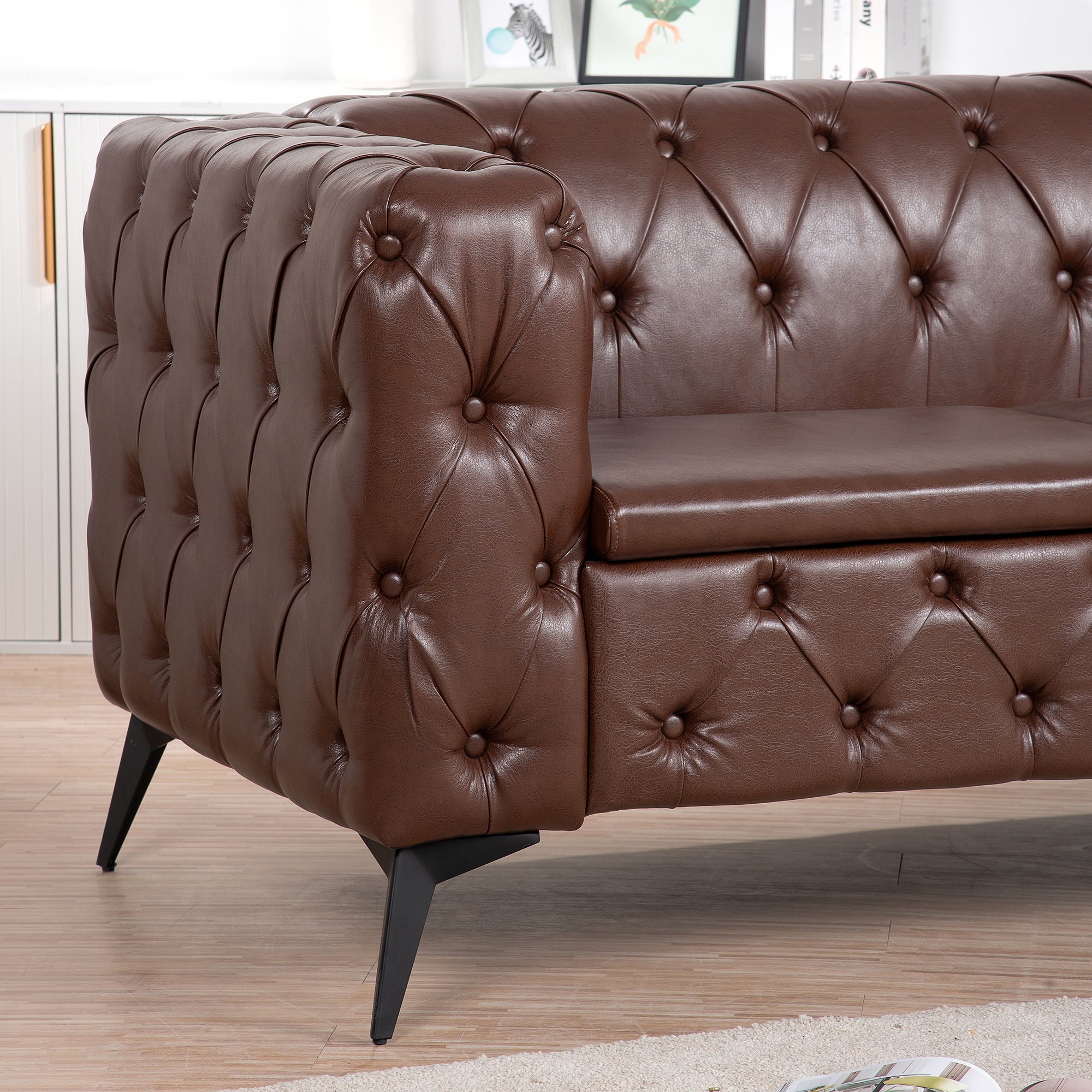 Traditional Square Arm 3-Seater Sofa with Removable Cushion, Dark Brown PU, 84.06 Inch