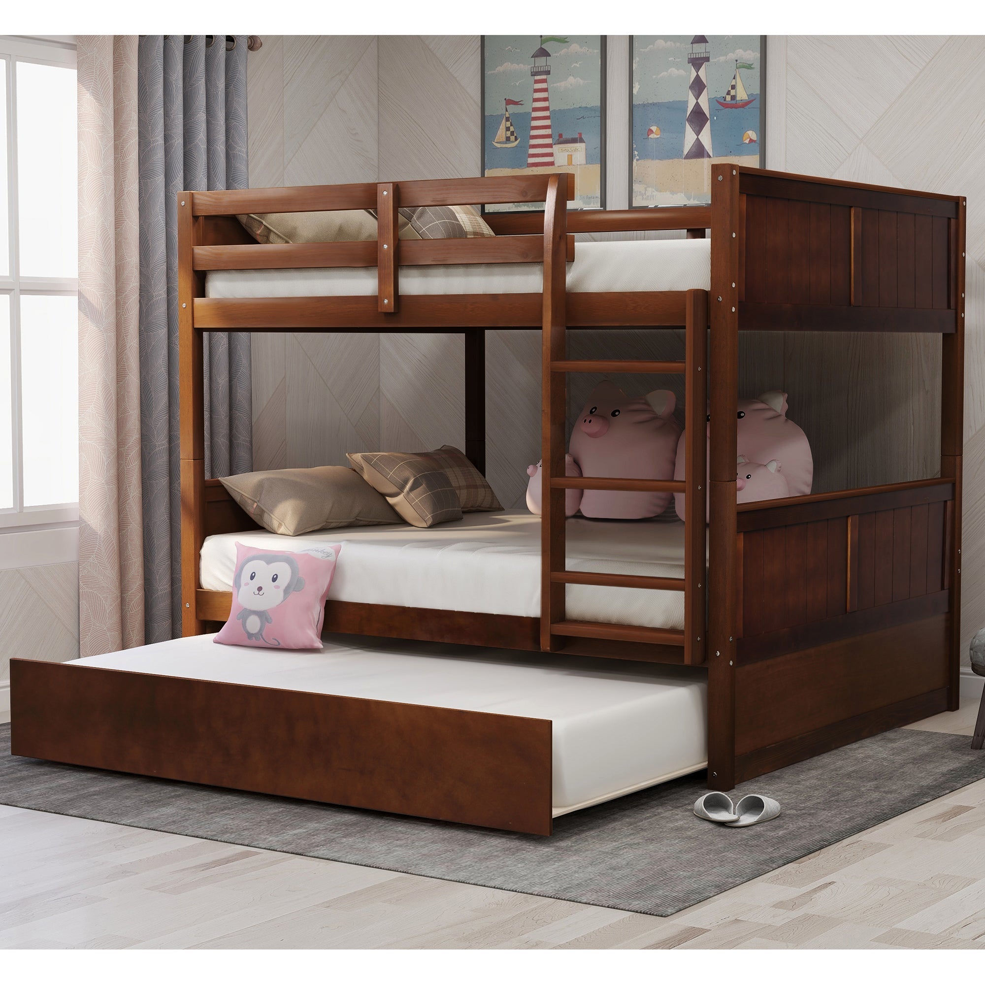 Hearth & Haven Full over Full Bunk Bed with Twin Size Trundle, Walnut