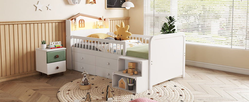 Low Loft Bed with LED Lights, Wooden Twin Loft Bed with House Shape Headboard, Kids Loft Bed with Storage Drawers, White (Expect Arrival Date 2025/1/20)