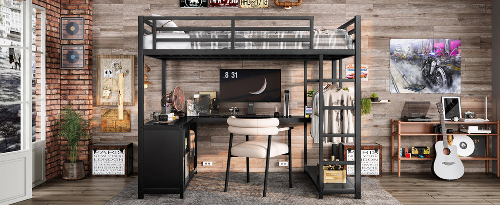 Metal Loft Bed with Wardrobe and L-shaped Desk, Twin Size Loft Bed with Storage Cubes and Shelves, Loft Bed for Kids Teens Adults, Black