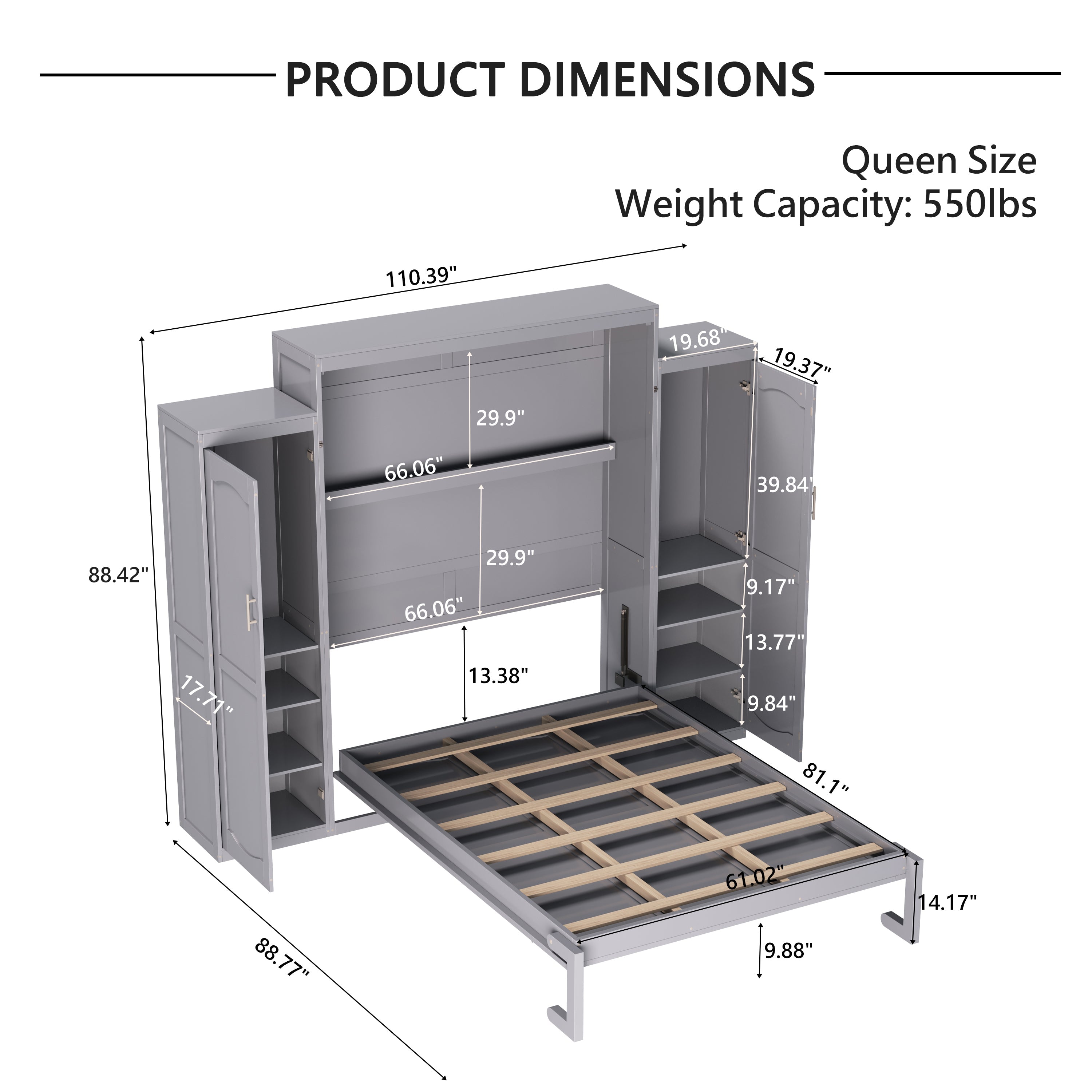 Queen Size Murphy Bed, Wooden Queen Wall Bed with 2 Wardrobe and Storage Shelf, Multifunctional Foldable Platform Bedframe for Guest-Room, Bedroom, Gray