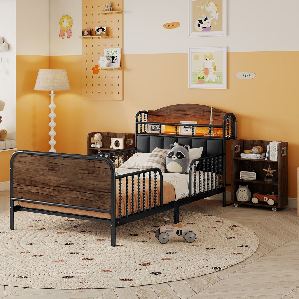 Twin Size Metal Platform Bed Frame with Light, Kids Twin Metal Bed with Upholstered and Pull Out Storage Shelves, Black (Expect Arrival Date 2025/10/5)