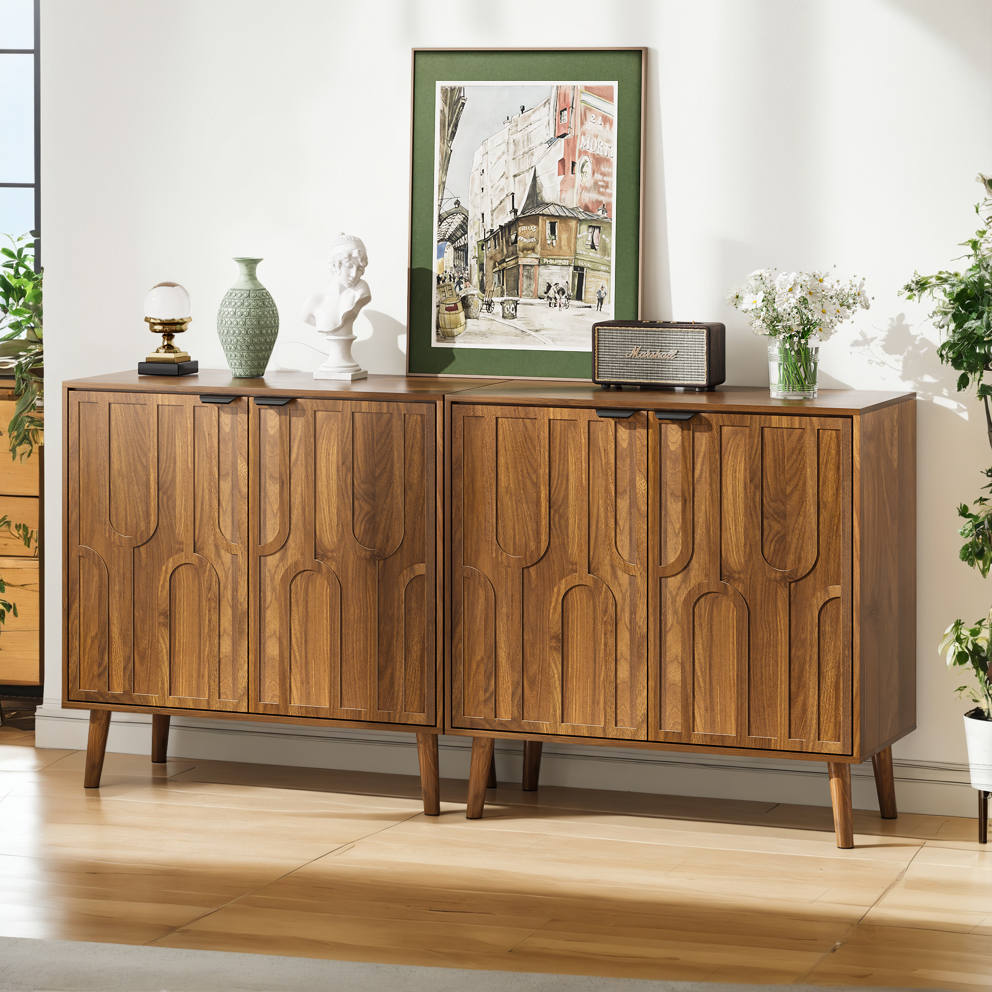 Farmhouse Style Sideboard Buffet Cabinet with Storage, Walnut Wood Coffee Bar Cabinet, 31.5' W