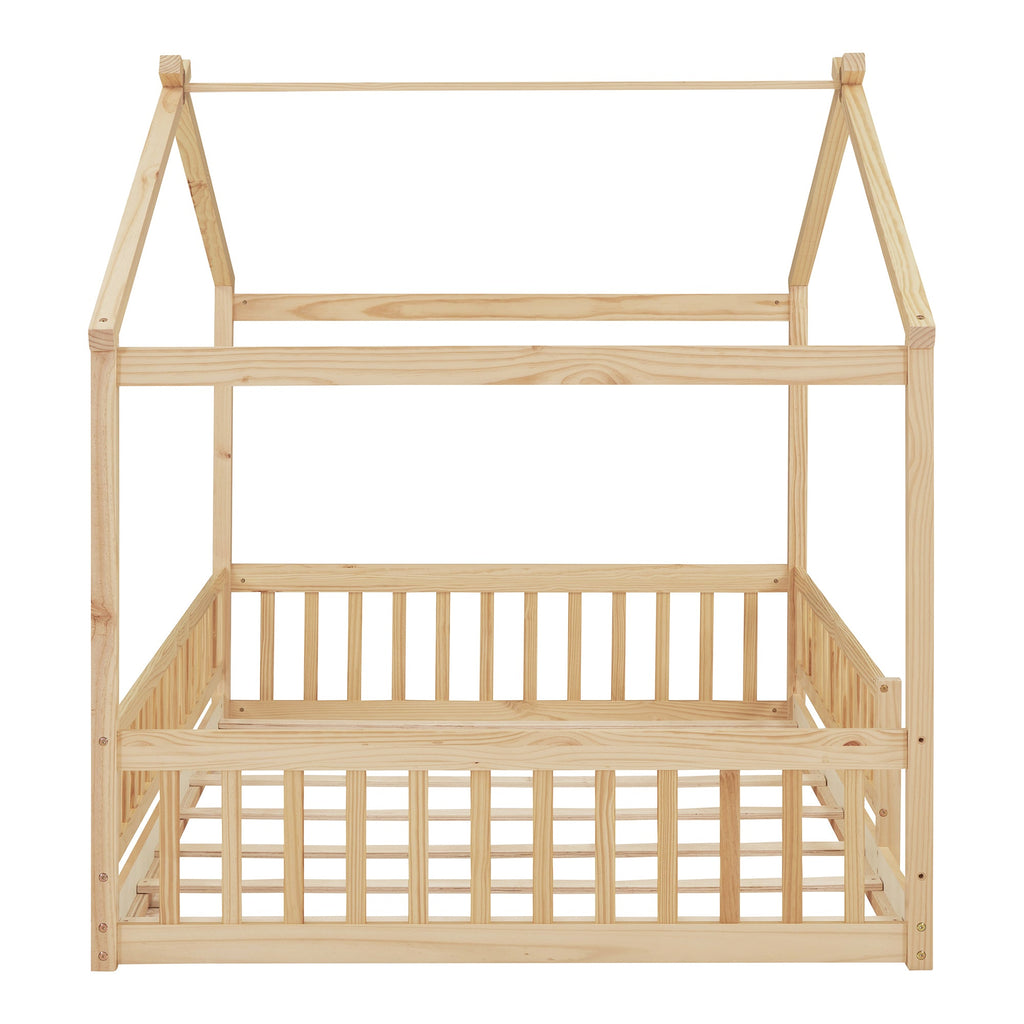 Full Size Wood Bed House Bed Frame with Fence, for Kids, Teens, Girls, Boys,Natural