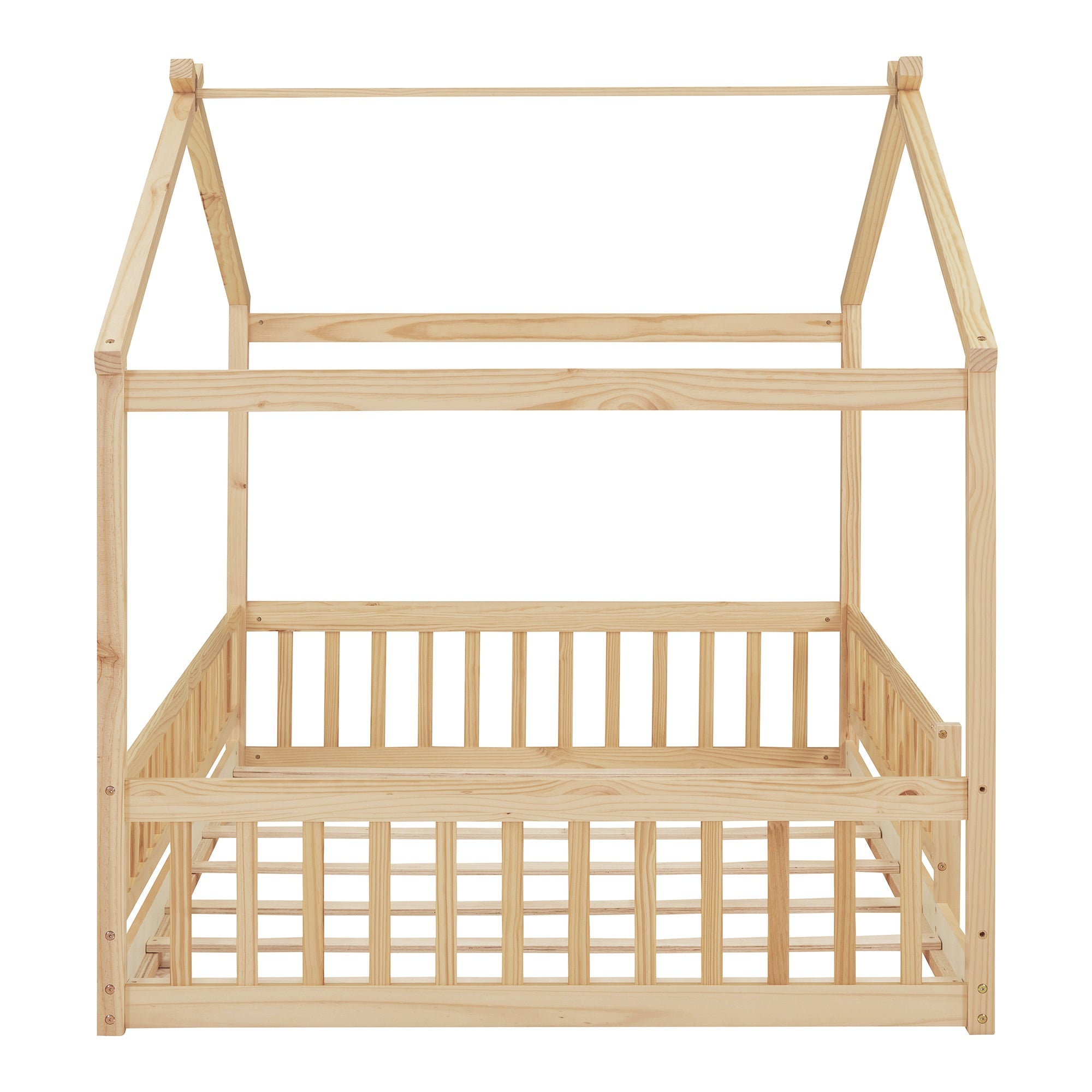Full Size Wood Bed House Bed Frame with Fence, for Kids, Teens, Girls, Boys,Natural