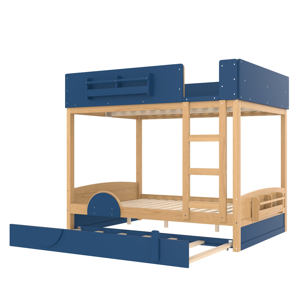 Full Bunk Bed with Trundle , Wood Bunk Bed Frame with Built-inBookshelf and High-quality Safety Guardrail,Automobile Form Design for Kids ,Blue＆Natural.