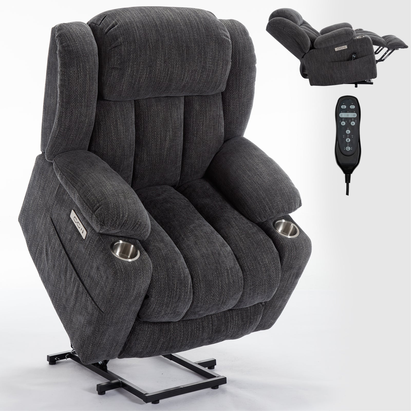 Up to 350 LBS Chenille Power Lift Recliner Chair, Heavy Duty Motion Mechanism with 8-Point Vibration Massage and Lumbar Heating, USB and Type-C Ports, Stainless Steel Cup Holders, Grey