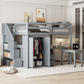 Full Size Loft Bed with Stairs, Bookshelf, Drawers, Desk & Wardrobe – Space-Saving Multifunctional Furniture for Kids & Teens-Gray
