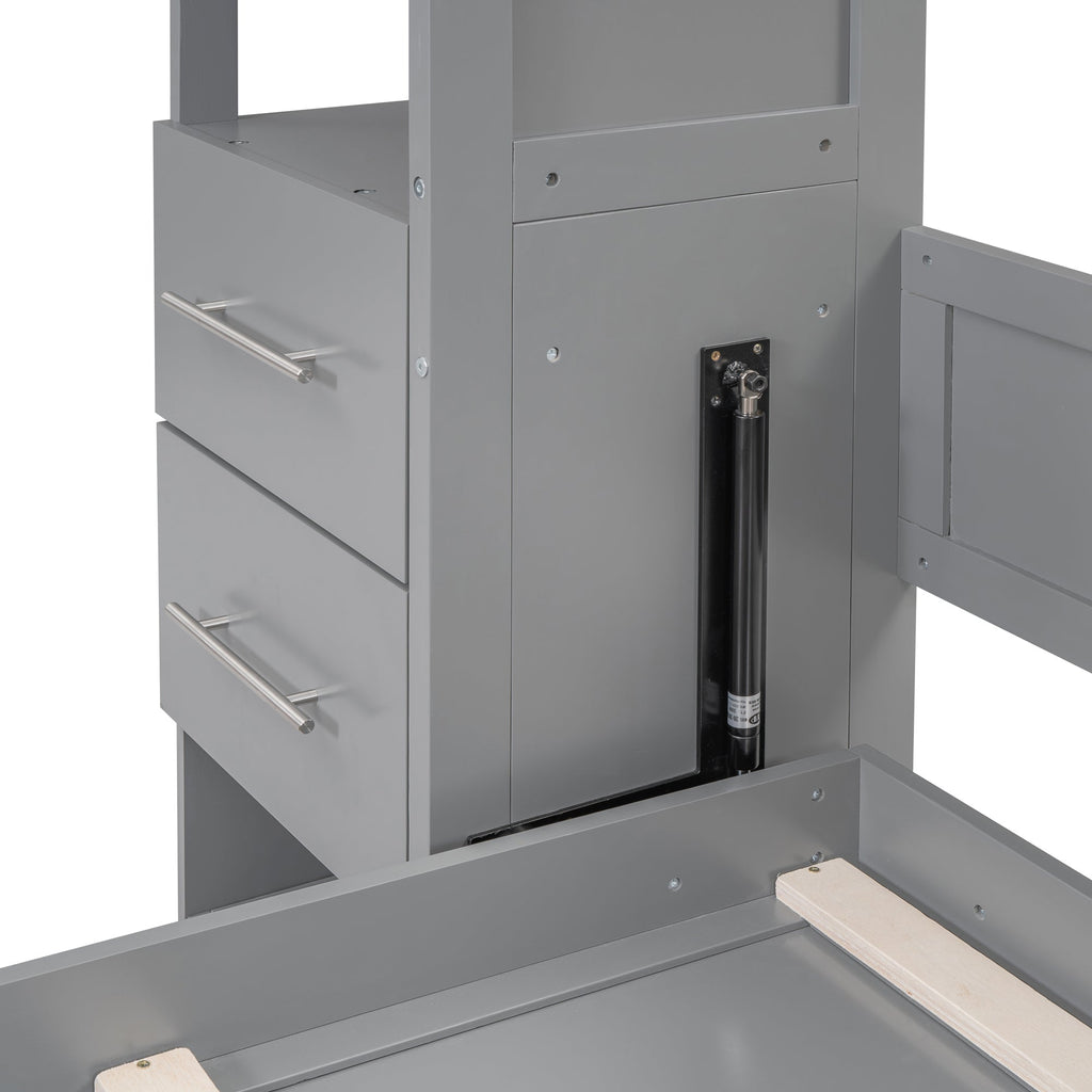 Queen Size Murphy Bed Wall Bed with Shelves, Drawers and Lights,Gray(OLD SKU:LP000566AAE-1)