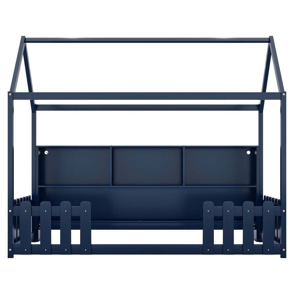 Twin Size House Bed with LED Light, Wood House Bed with Storage Bookshelf, Floor House Bed with Guardrails for Kids, Navy Blue (Expect Arrival Date 2025/3/14)