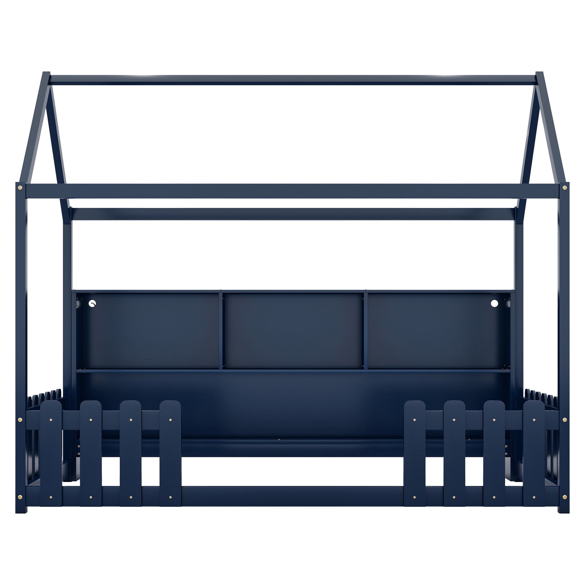 Twin Size House Bed with LED Light, Wood House Bed with Storage Bookshelf, Floor House Bed with Guardrails for Kids, Navy Blue (Expect Arrival Date 2025/3/14)