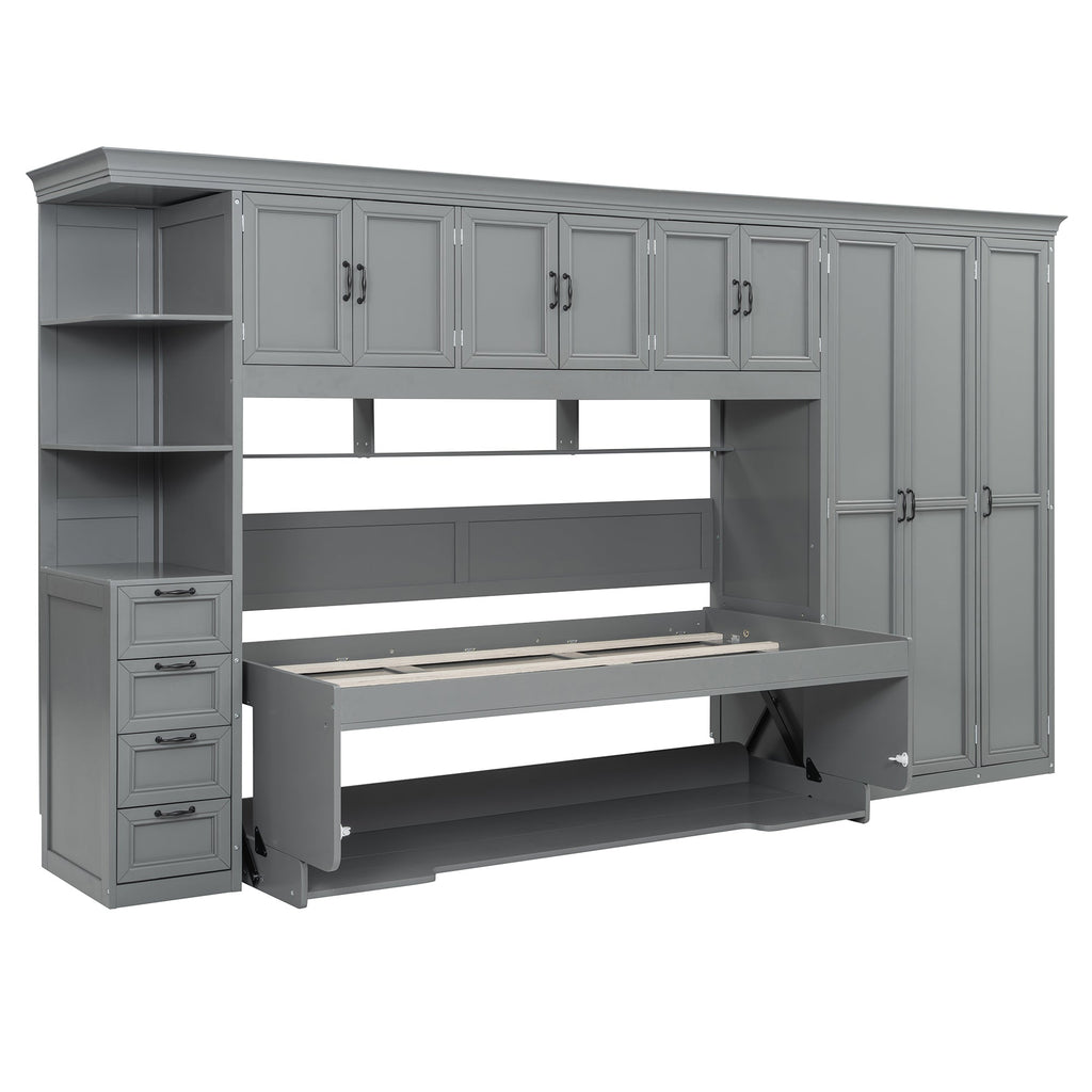 Twin Size Murphy Bed Wall Bed with Wardrobe, Cabinet and Desk, Gray
