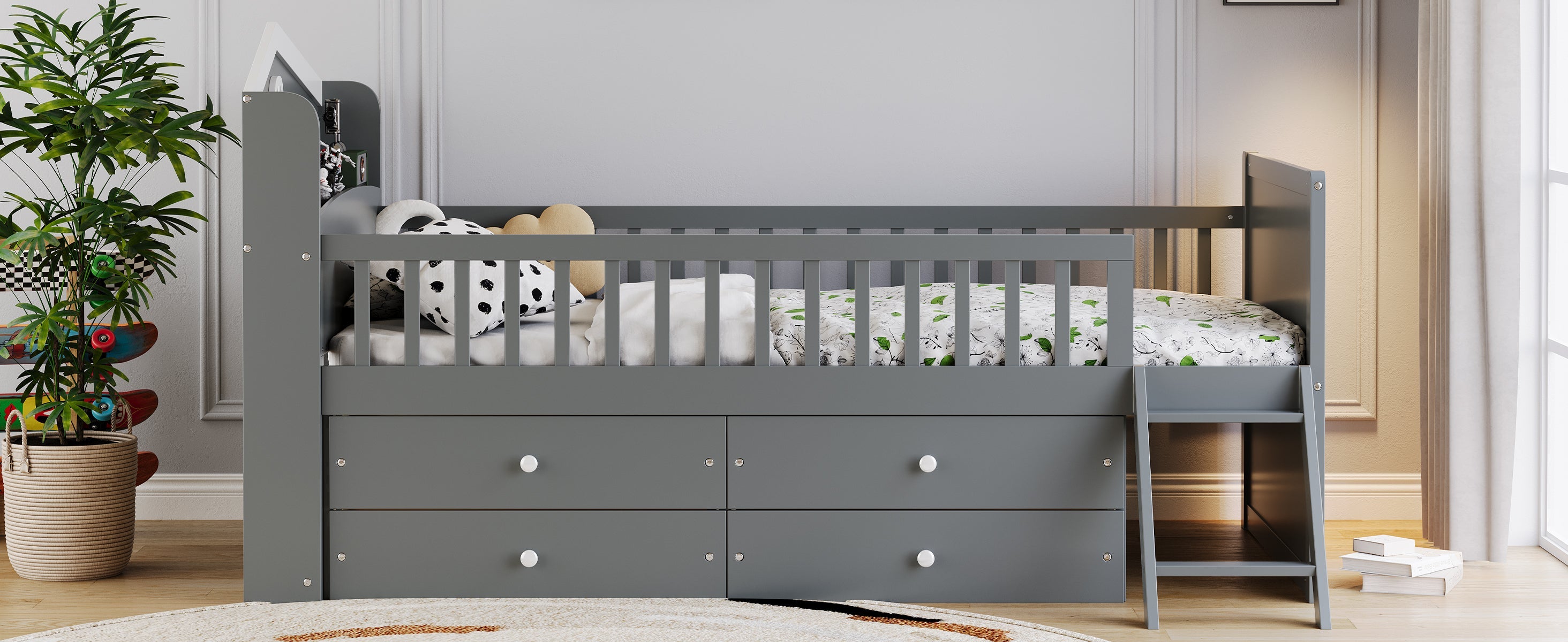 Twin Bed Frame with Storage 4 Drawers,Wooden Bed Frame for Kids,Platform Twin Size Bed with Guardrail Headboard and Ladder, No Box Spring Needed, Easy Assembly, Gray