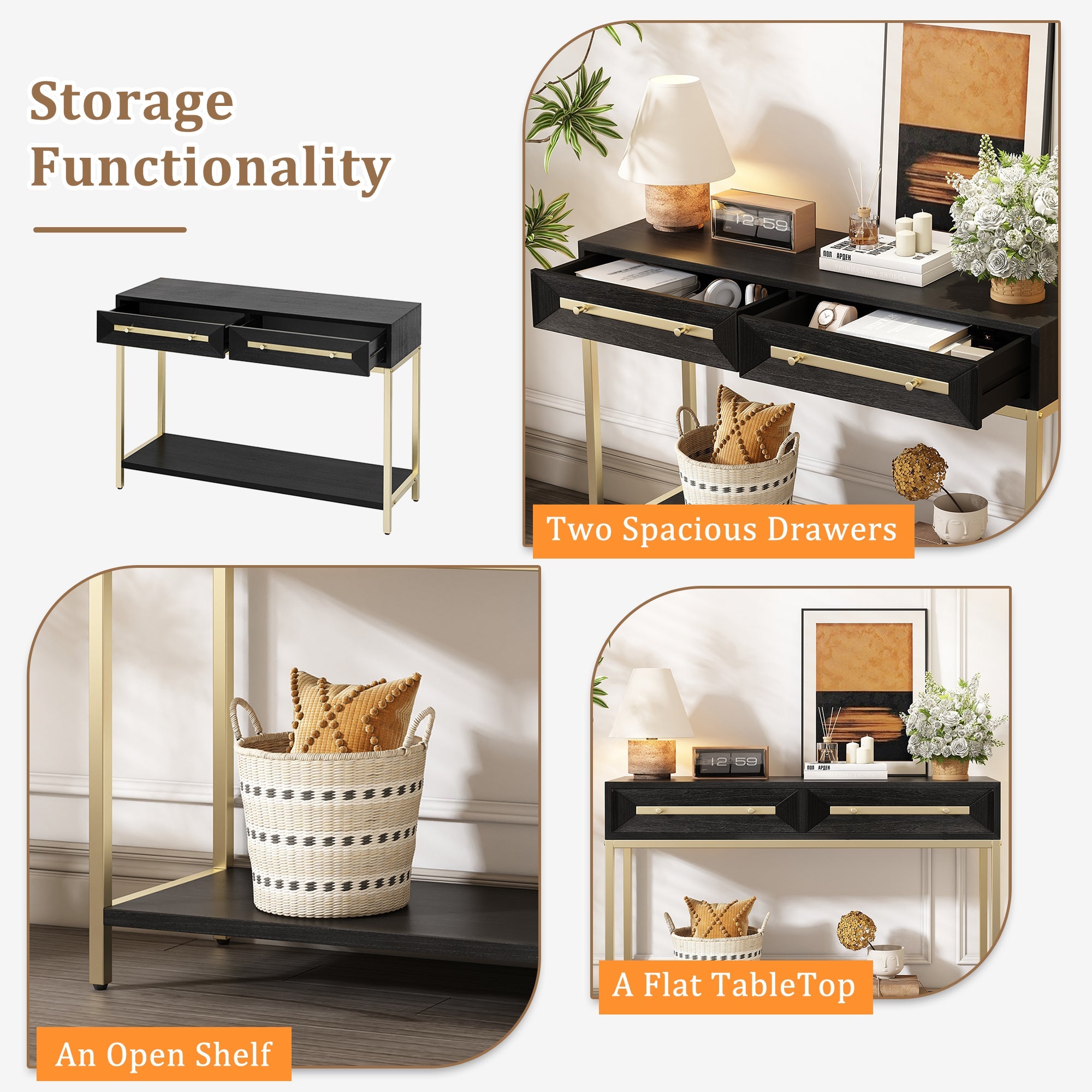 TREXM Entryway Table, Console Table with Two Drawers, Retro Hallway Table with Striking Geometric Design for Entryway and Living Room (Black)