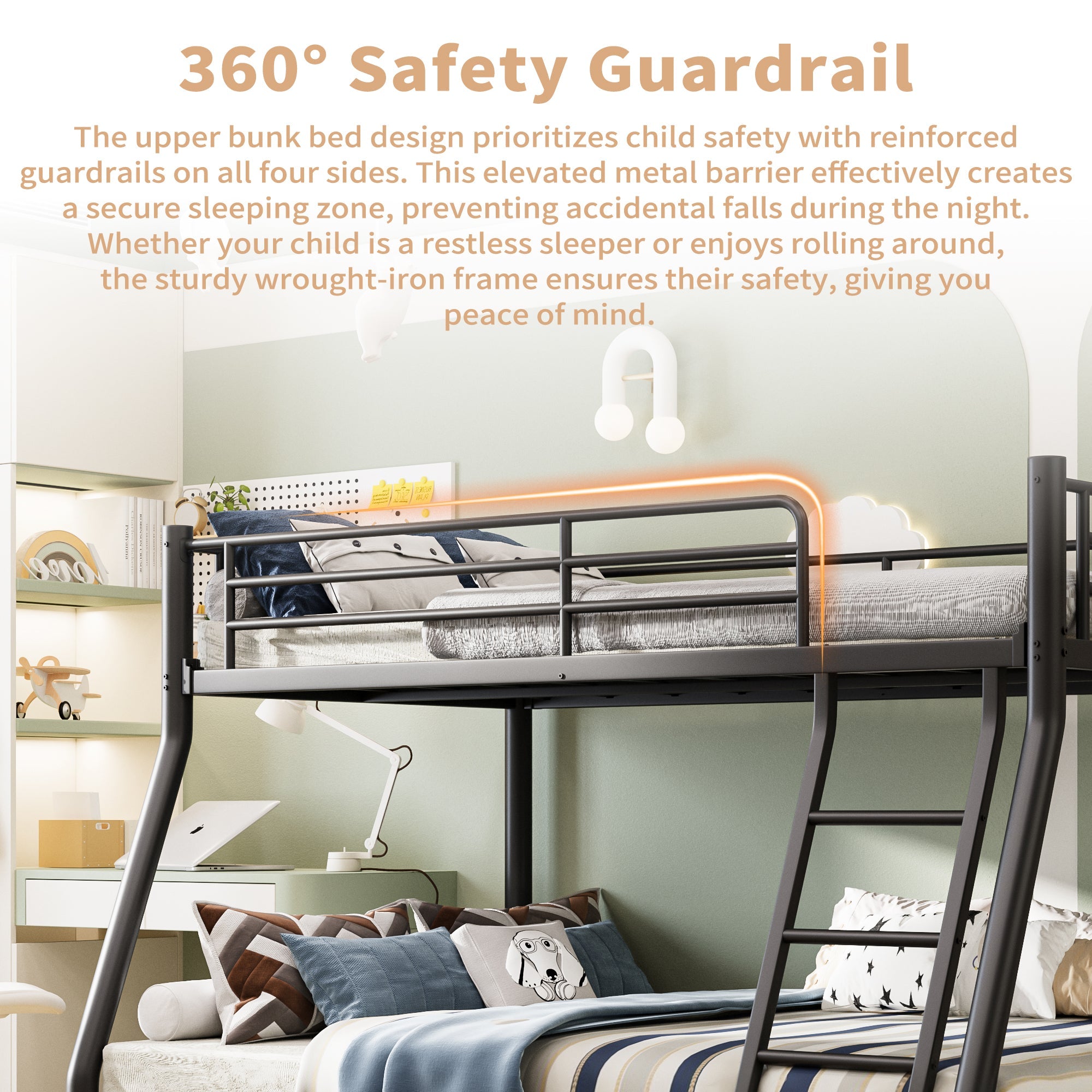 Twin Over Full Bunk Bed, Metal Bunk Bed Frame with Ladder, Safety Rail & Steel Slats, Space-Saving Bunk Beds for Kids Teens Adults, Noise Free for Dorm Bedroom, No Box Spring Needed