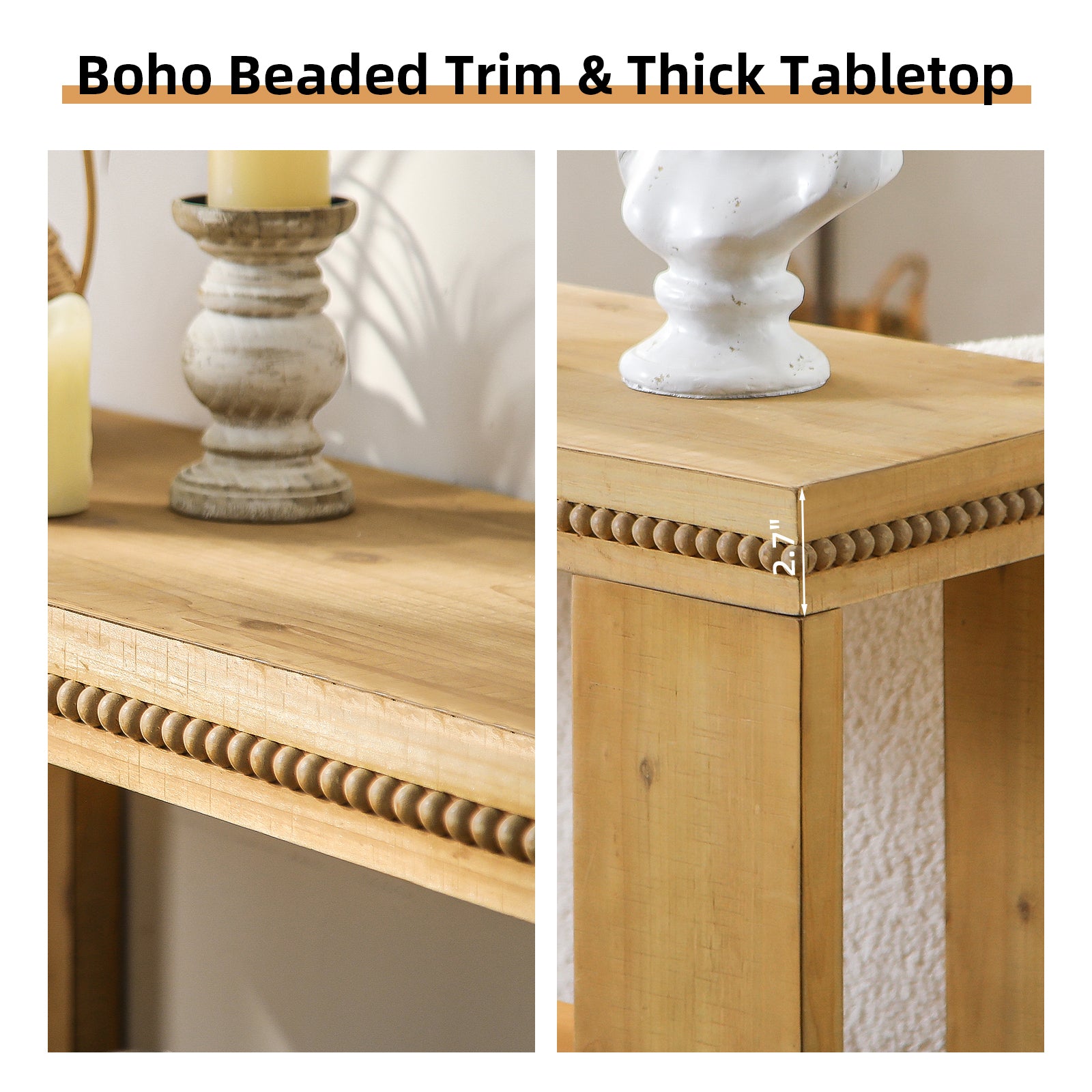 63' Boho Console Table with Storage Shelf – Rustic Farmhouse Sofa Table with Beaded Trim, 2-Tier Narrow Entryway Table for Hallway, Foyer, or Behind Couch