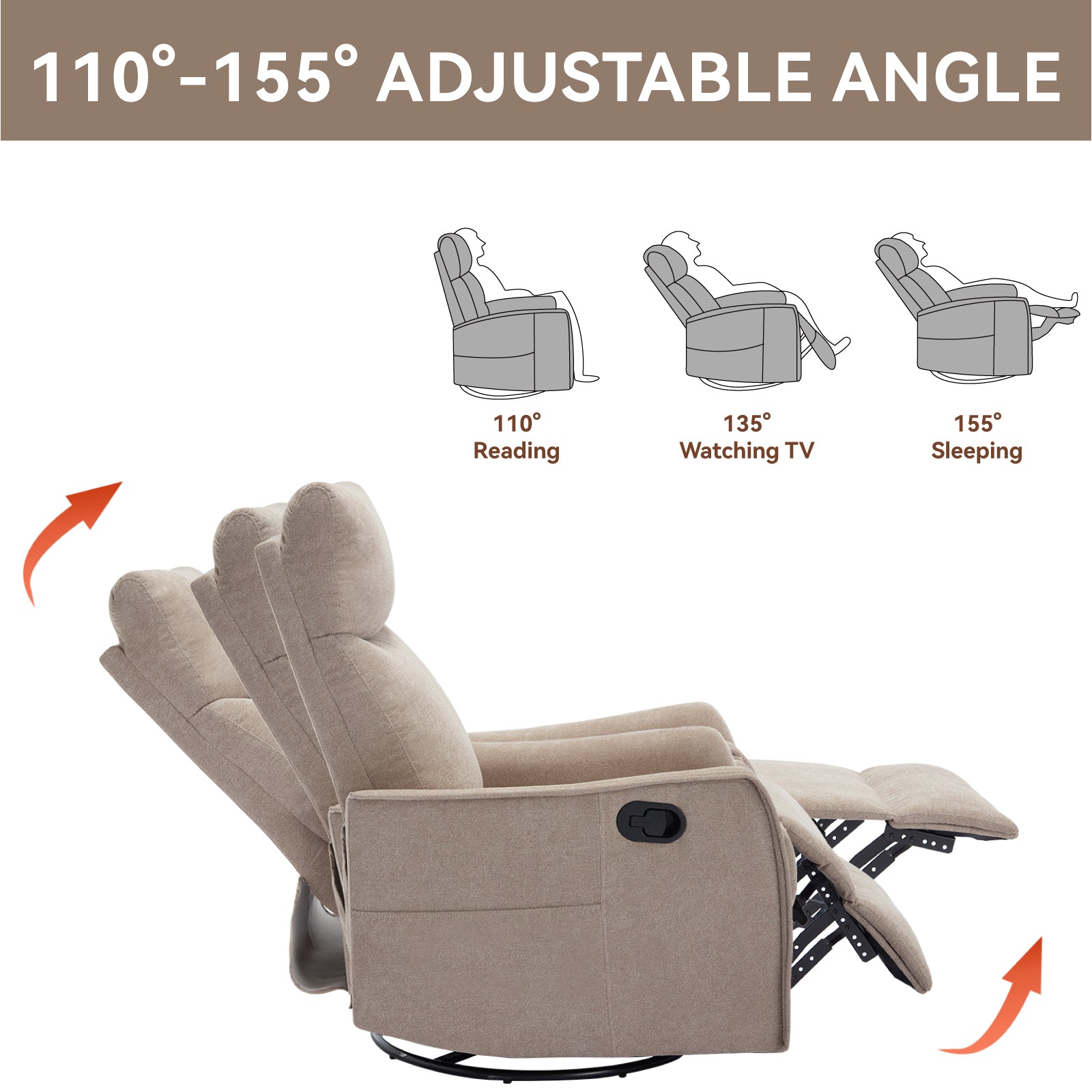 Heat Massage Manual Recliner Chair with Rocker and Swivel in Fabric for Living Room, Khaki