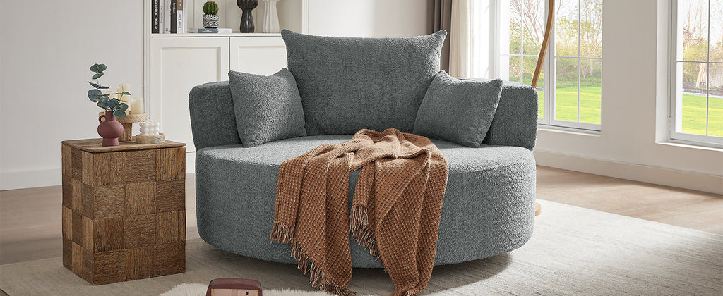 Modern Accent Swivel Barrel Chair with Removable Pillows, Grey Chenille, 56.3x56.3x35.5 in