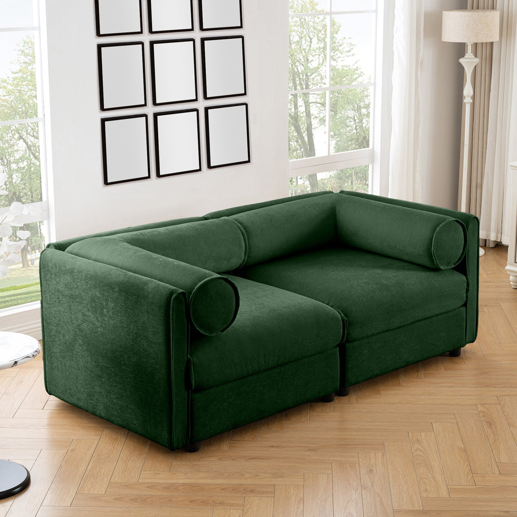 Stylish Green Chenille 2-Seater Sofa with Storage Seat, Cylindrical Backrest and Armrests, Modern Fabric Loveseat Featuring Hidden Storage Space
