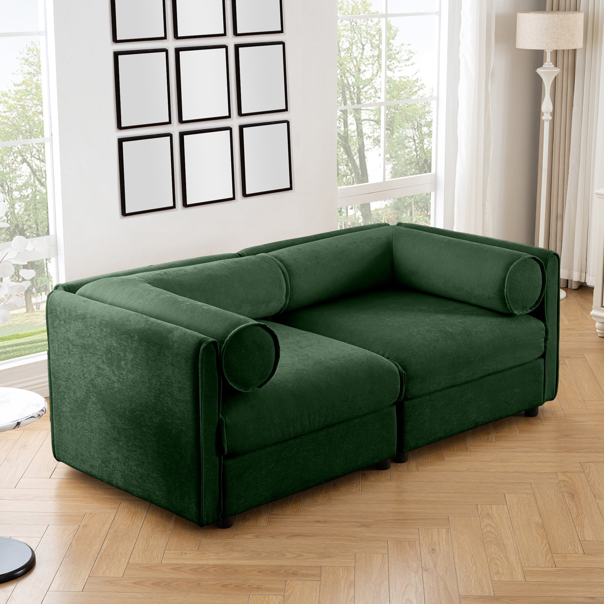 Stylish Green Chenille 2-Seater Sofa with Storage Seat, Cylindrical Backrest and Armrests, Modern Fabric Loveseat Featuring Hidden Storage Space