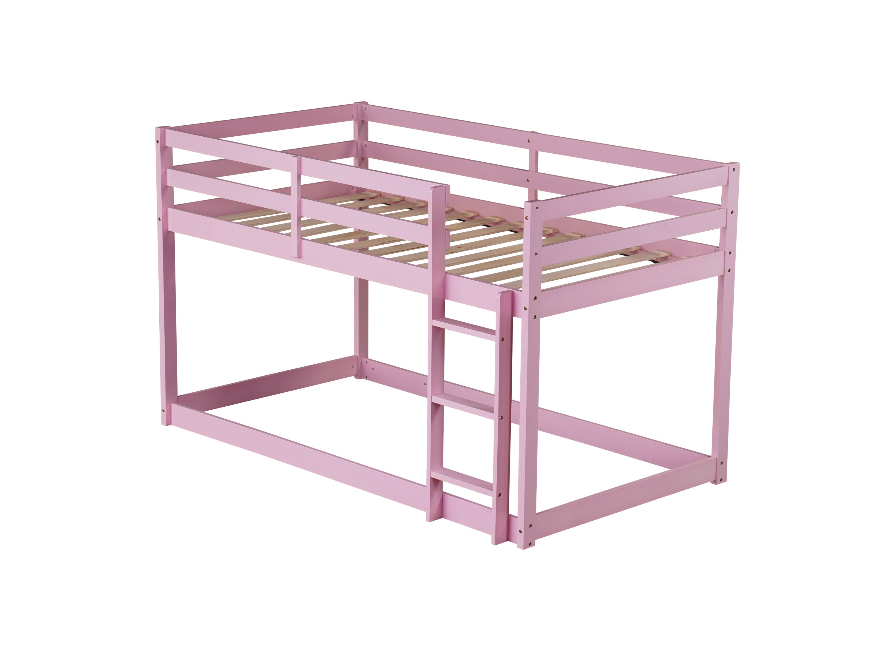 Solid Wooden, Solid Rubber Wooden Twin over Twin Floor Bunk Bed with Ladder, with Bed Platform of Strengthened Slats , Pink