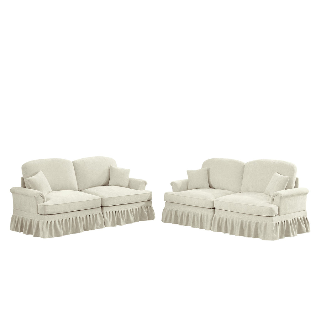 Classic 2 Piece Modular Couch Living Room Sofa Set with Flared Arms and Removable Ruffles Pleats Skirts and Spindle Legs, 2 Seater Sofa + 2-Seat Loveseat Sofa Sets for Living Room, Beige White