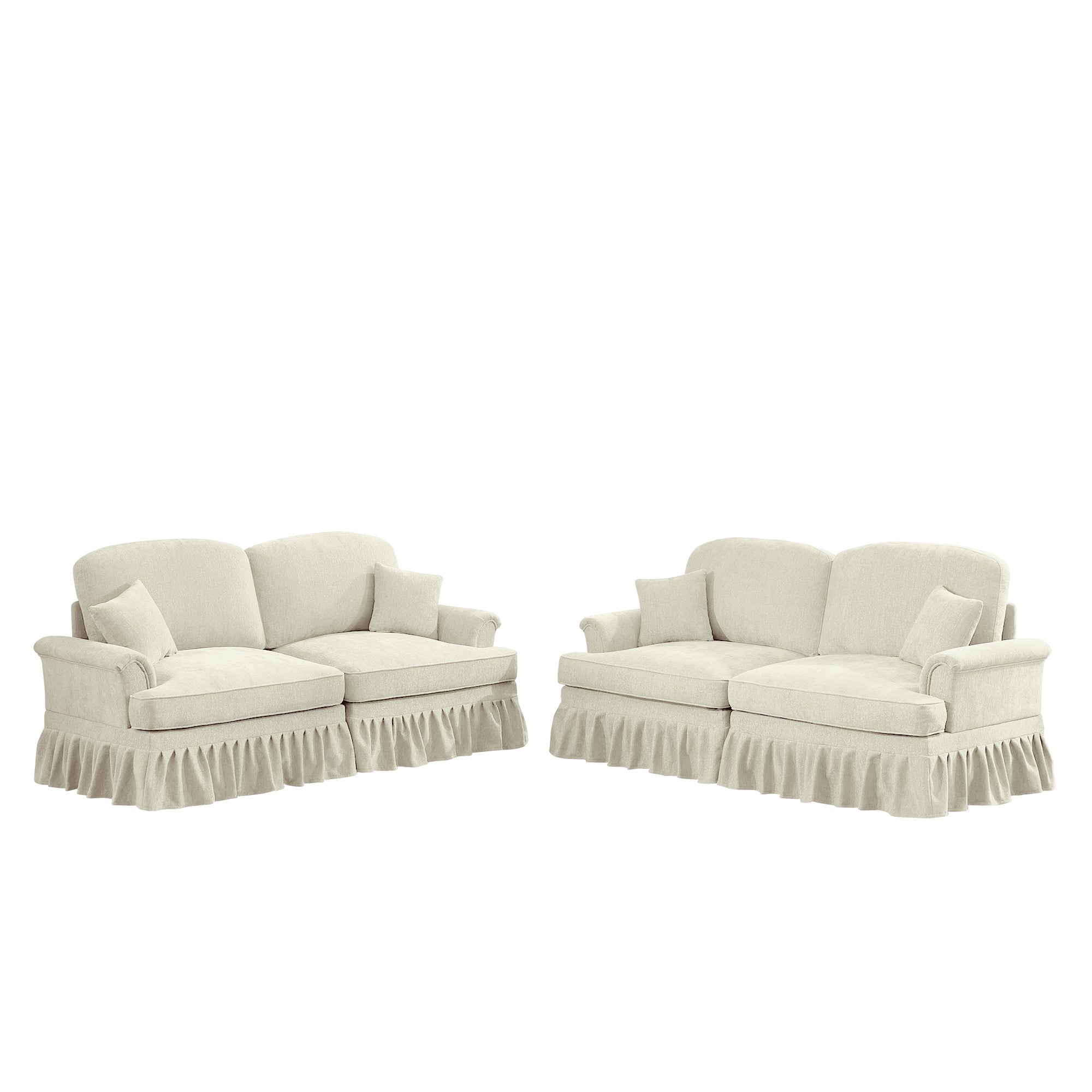 Classic 2 Piece Modular Couch Living Room Sofa Set with Flared Arms and Removable Ruffles Pleats Skirts and Spindle Legs, 2 Seater Sofa + 2-Seat Loveseat Sofa Sets for Living Room, Beige White