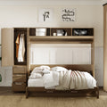 Full Size Murphy Bed with Wardrobe, Drawers and Open Shelves, Antique Wood